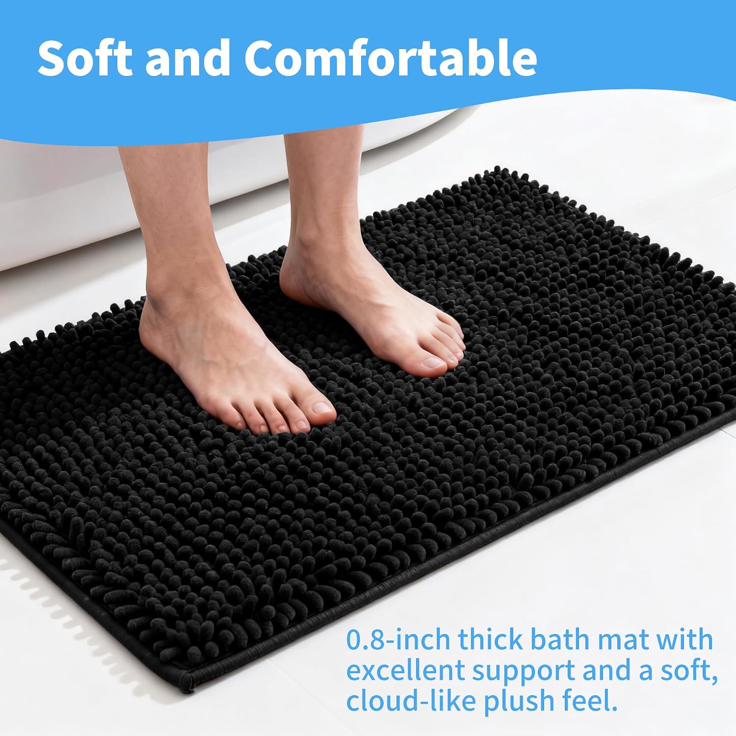 Cupic Cupid Chenille Bathroom Rugs Sets 2 Piece, Bathroom Rugs Non Slip Washable, Extra Thick Soft Absorbent Bath Mats, Quick Dry Shaggy Rugs for Tub, Shower, Toilet, Black 16"x24" + 20"x32"