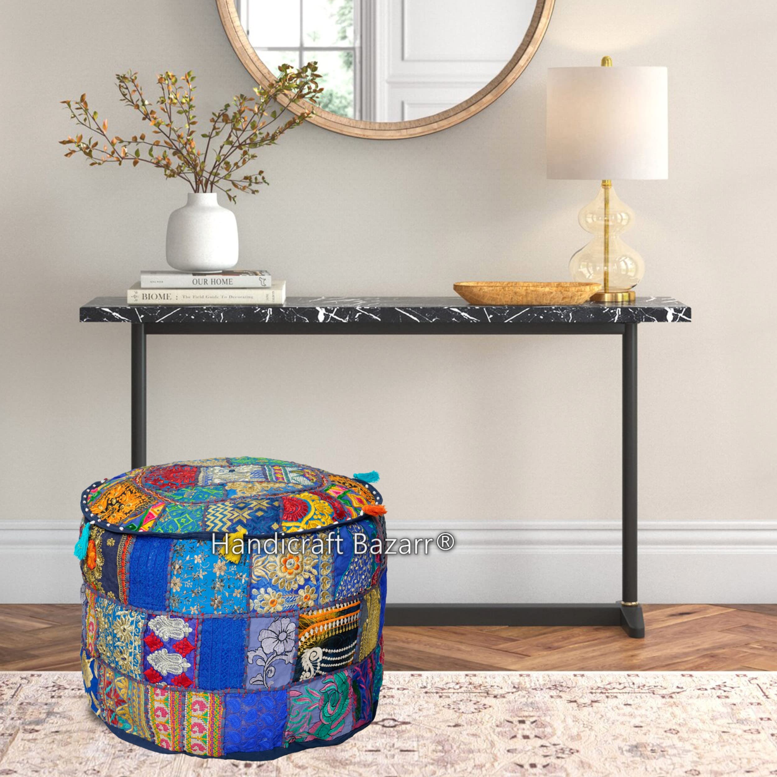 Handicraft Bazarr Rajasthani Mudda Pouffe Cover Cotton Bean Bag 16 Inch Patchwork Ottoman Embroidered Stool Pouf Cover Festival Decorative Round Pouf Wedding Decor Ottoman Cover (Blue)