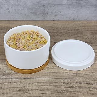 EIKS Ceramic Bowl with Lid and Wooden Base for Steaming Egg Rice Soup Food Storage Meal Prep, Bowl Capacity 12 oz