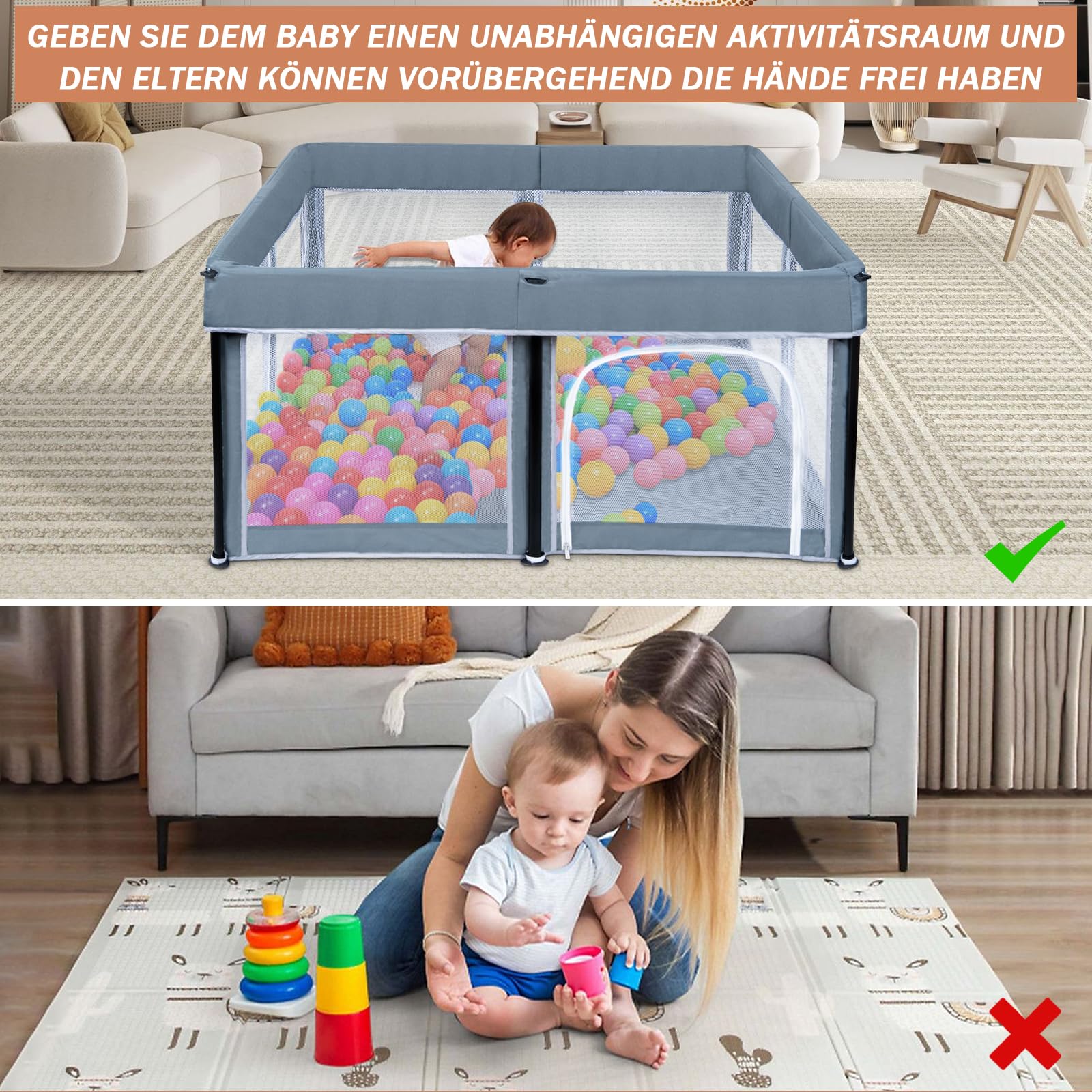OUUTMEE Box per bambini, 127 x 127 cm, pieghevole, recinzione da gioco per bambini, 150D, Oxford, per interni ed esterni, con custodia, Playpen (grigio scuro)