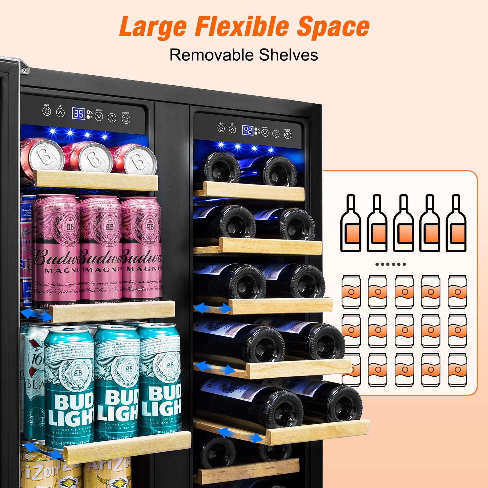 Turephe Wine And Beverage Refrigerator, 24inch Beverage Cooler Dual Zone With Glass Door, Built-In/Freestanding Beverage Fridge With Upgraded 20 Bottles And 60 Cans Large Capacity on Fridge.com - View 3