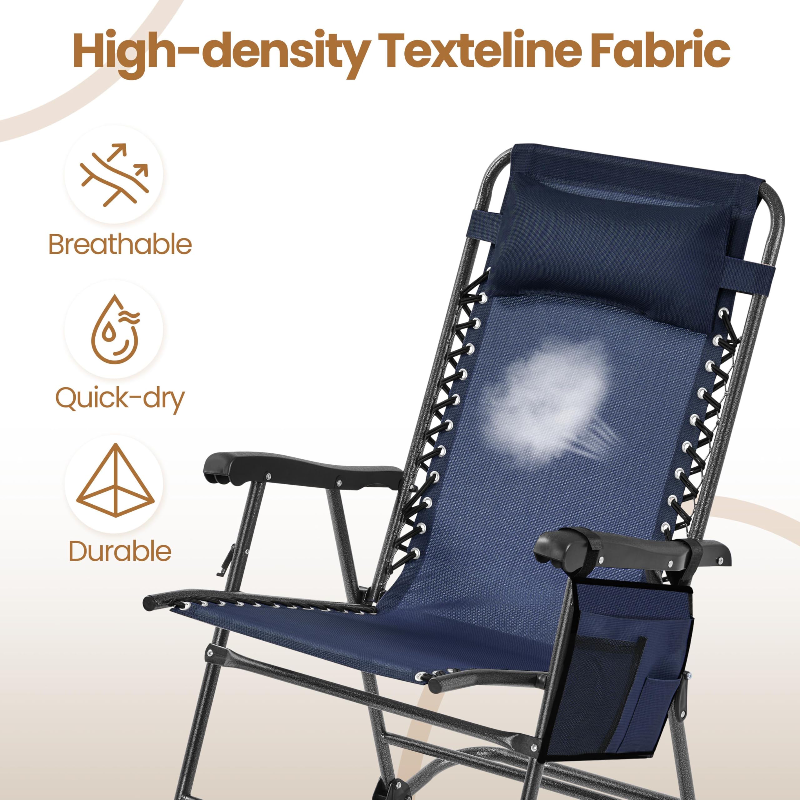 Abician Fauteuil à Bascule Pliable Rocking-Chair Portable avec Rangement et Coussin pour L'extérieur Jardin Patio Terrasse Camping Bleu