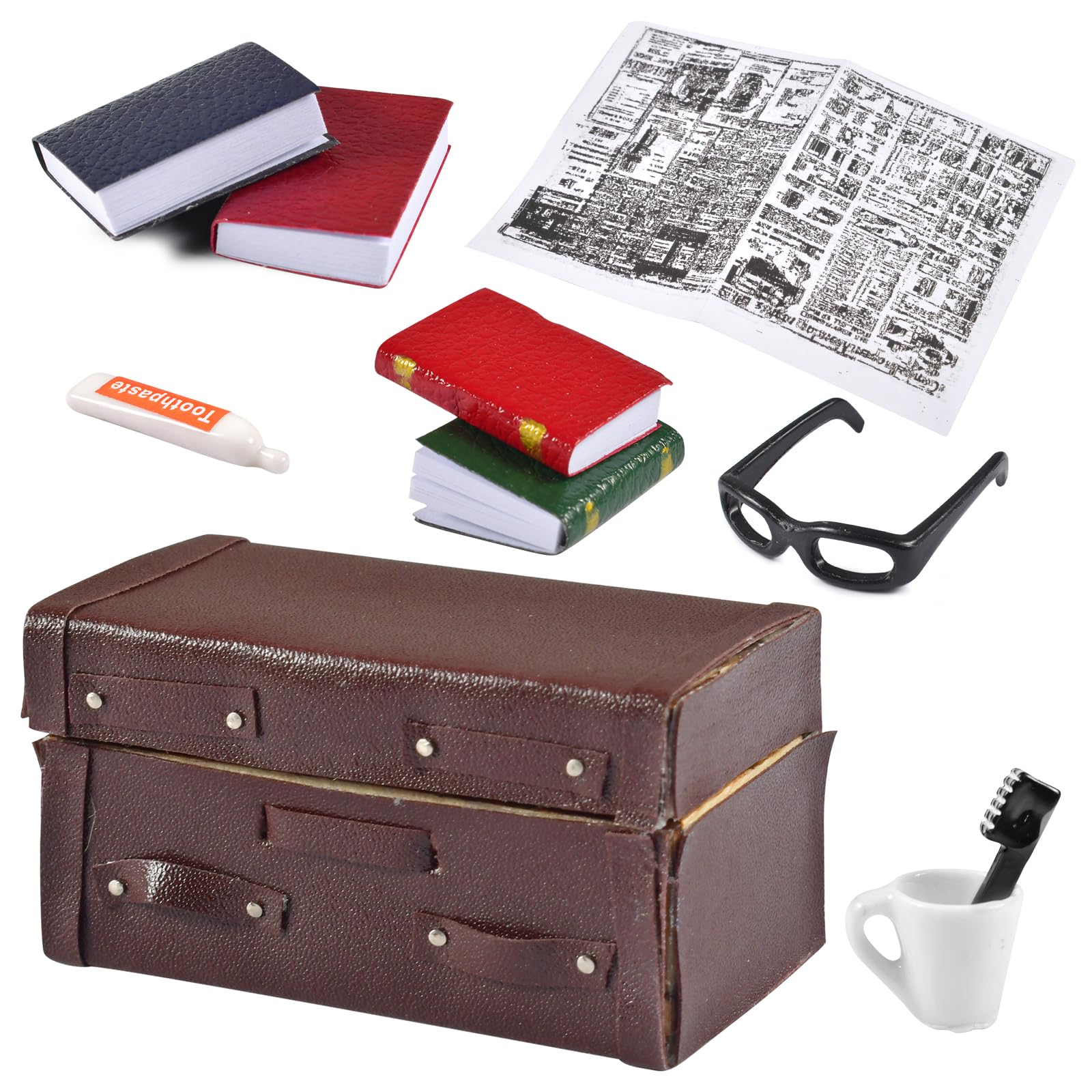 UieaMsio Miniatura Maleta, Miniatura Casa Muñecas Accesorios, Maleta Vintage Casa Muñecas, Adornos en Miniatura de Navidad, Mini Maleta Periódicos Libros, Mini Cepillo de Dientes Cámara