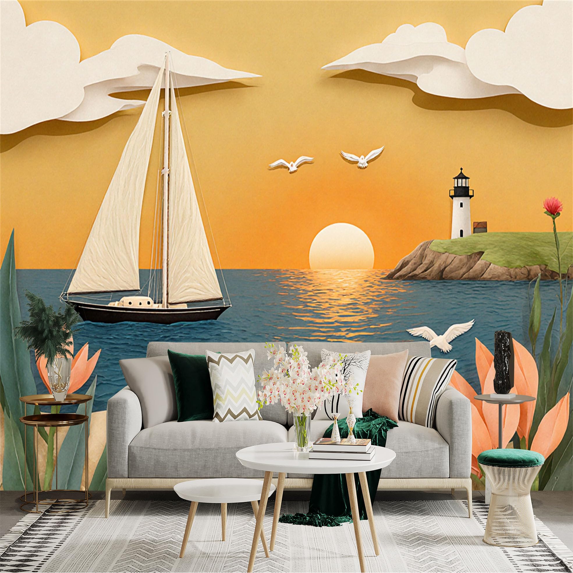 Custom Size Wall Sticker Mural， Sailboat at Sunset， Lighthouse by the Sea， Flying Seagulls and Tropical Flowers， for wall Decoration， peelandstick wall Decals.