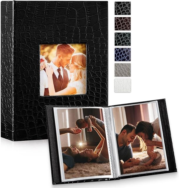 Ywlake Small Photo Album Croco 6x4 2 Packs, Each Pack holds 50 Pockets, Slip in Mini Linen Top Loading Photo Albums Holds Portrait Only 10x15cm Picture Black