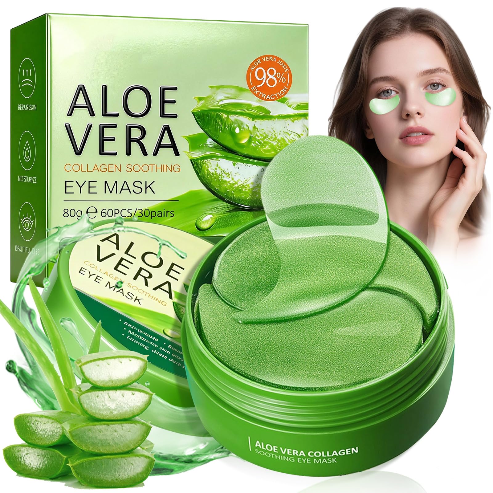 60 Pièces Aloe Patch Yeux, Patch yeux Acide hyaluronique Collagène, Eye Mask pour éclaircir et l'hydratation, Réduit les Cernes,Poches,Pattes d'Oie et Rides