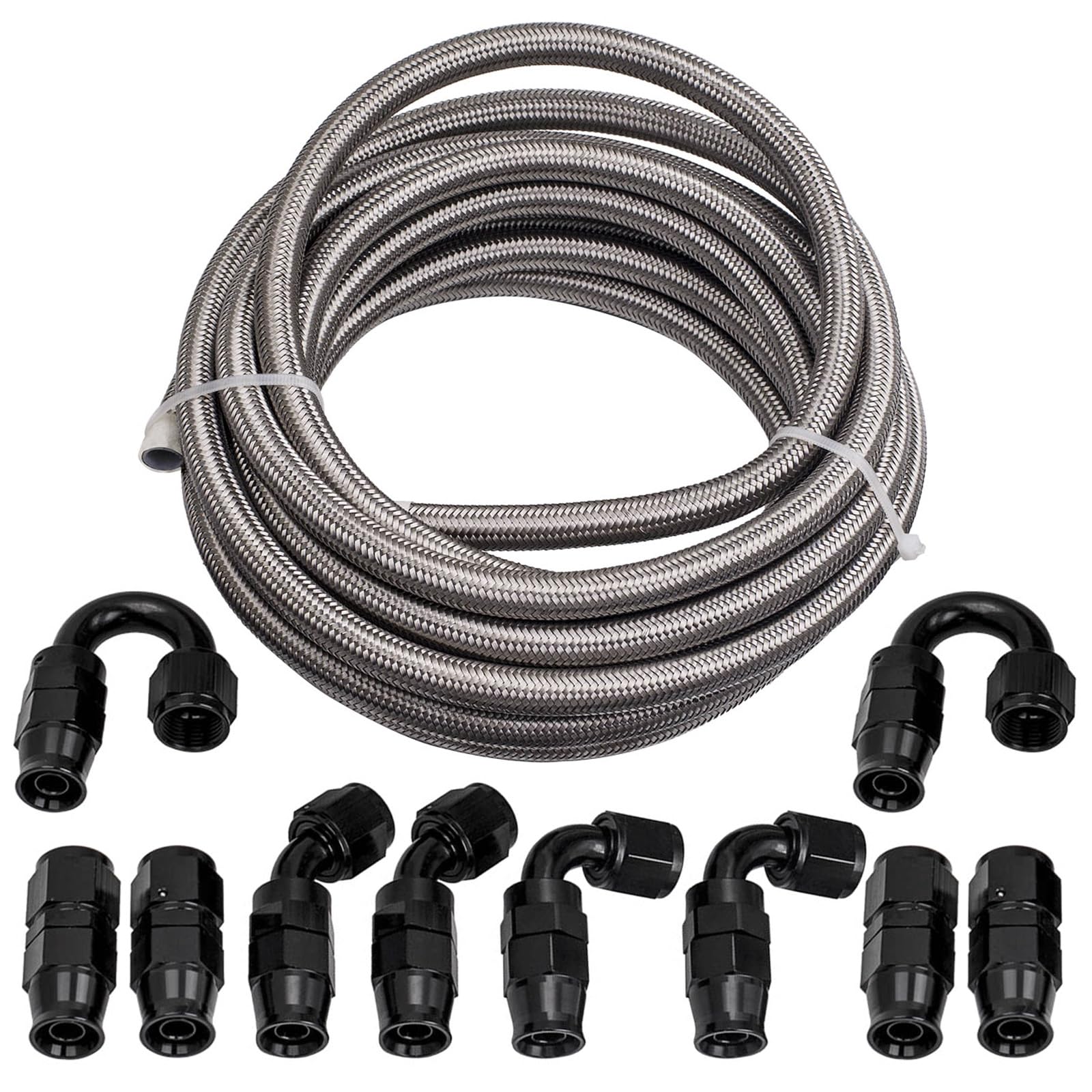 maXpeedingrods 8AN Fuel Line Kit E85, Stainless Steel PTFE Fuel Hoses + 10 PCS 8AN Hose End Adaptor Kit 20FT -Black