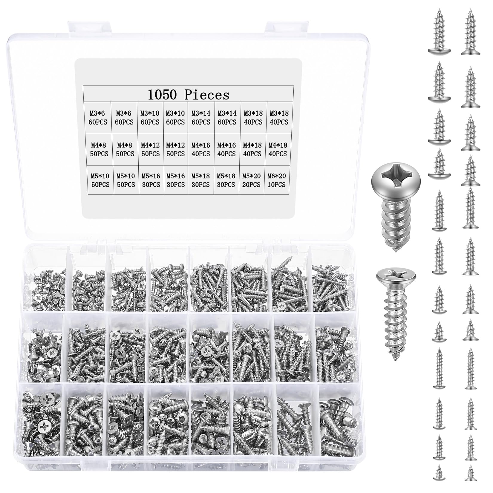 1050 Pcs M3 M4 M5 Stainless Steel Self Tapping Screws, Phillips Countersunk Flat Head Screw Set & Cross Round Head Wood Screws Assortment Kit for Woodworking Daily Repair