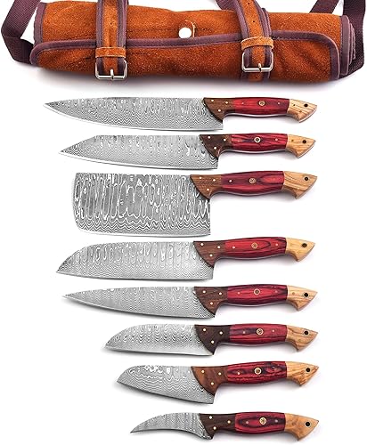 Juego de cuchillos de acero inoxidable damasceno 129-8 de 8 piezas, juego de cuchillos de cocina con estuche de rollo de cuero. Cuchillo ultra