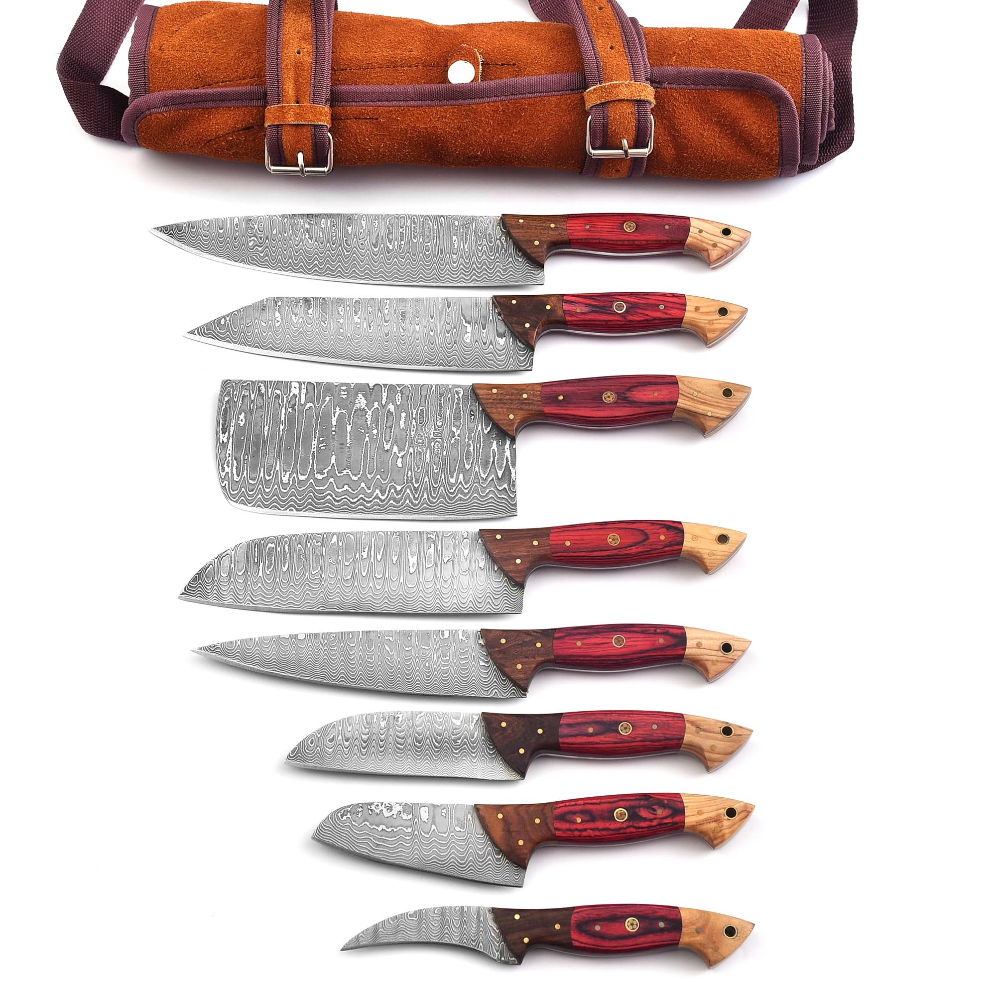 Photo 1 of FYNCUT 129-8 Stainless Steel Damascus Knife Set 8 pcs, Kitchen Knife Set with Leather Roll Case Bag High Carbon Ultra Sharp Knife for Kitchen, Professional Chef Knife Set with Bag 129 (8)