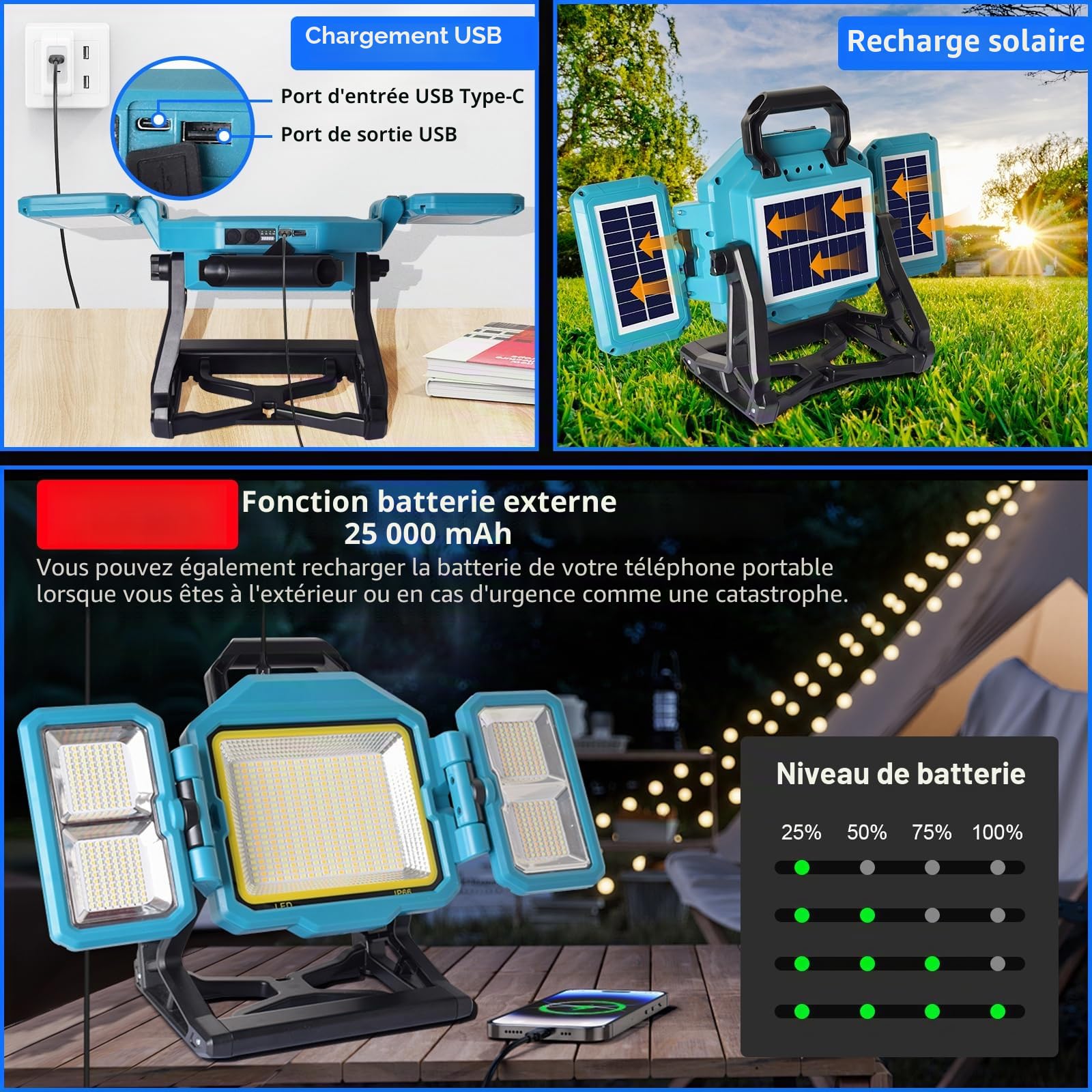MASMEJOR Projecteur LED Rechargeable, 300W, 25000mAh, 3 Panneaux Solaires | 30000LM, 752LEDs, 4 Modes de Éclairage, Sortie USB, IP44, Portable pour Chantier, Garage, Urgences, Camping, Pêche