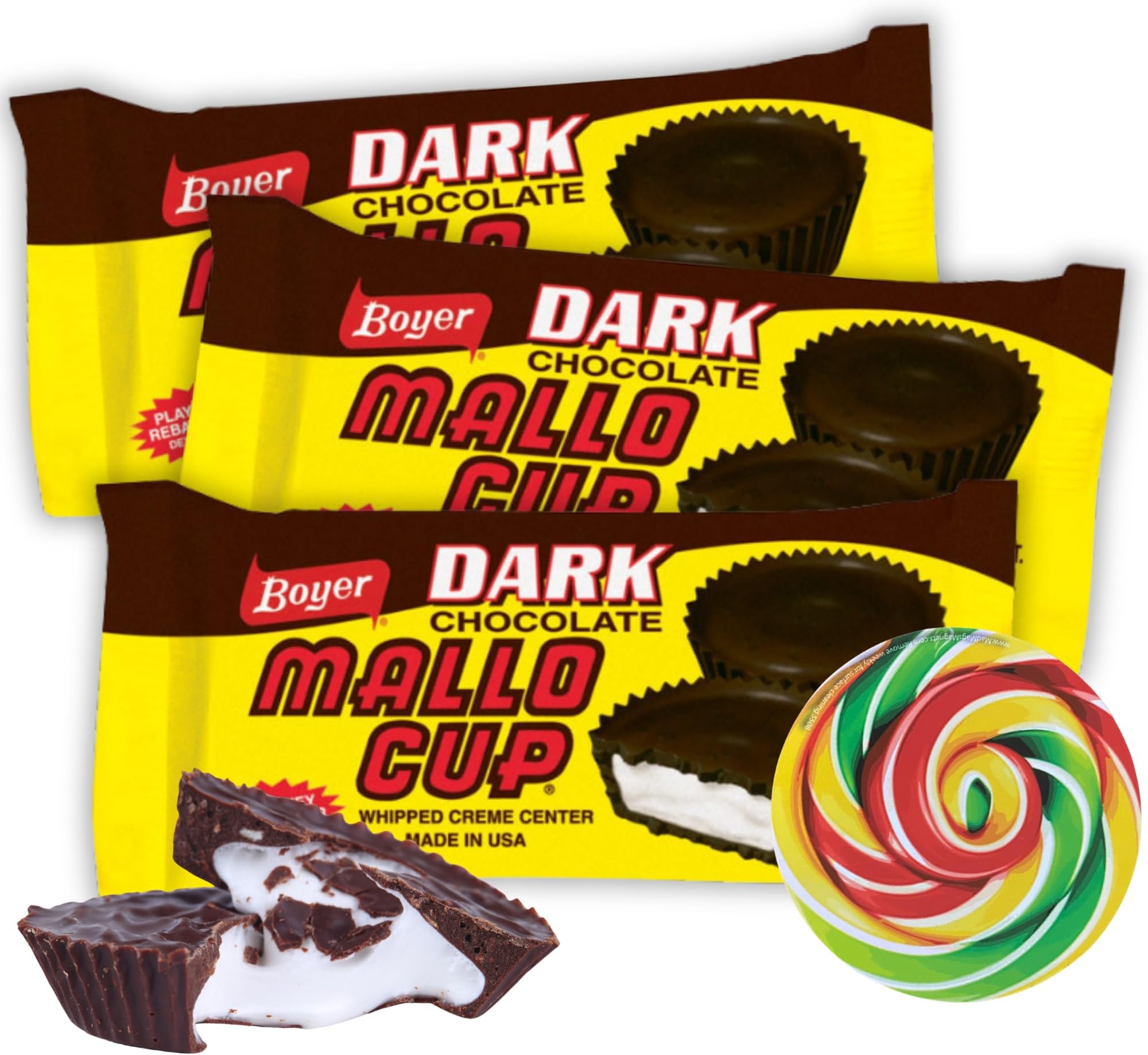 Boyer Dark Chocolate Mallo Cup with Marshmallow Filling with Swirl Sticker, Party Favor Treats, 2 Cups per Sleeve, 1.5 Ounces (Pack of 3)