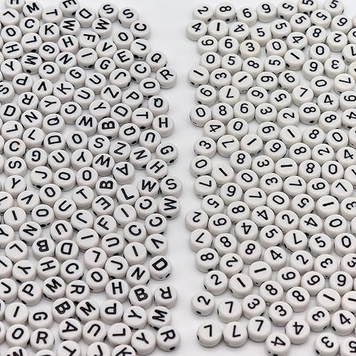 1000 cuentas acrílicas blancas de letras y números de 0.157 x 0.276 pulgadas, cuentas redondas de números del alfabeto para hacer joyas y pulseras