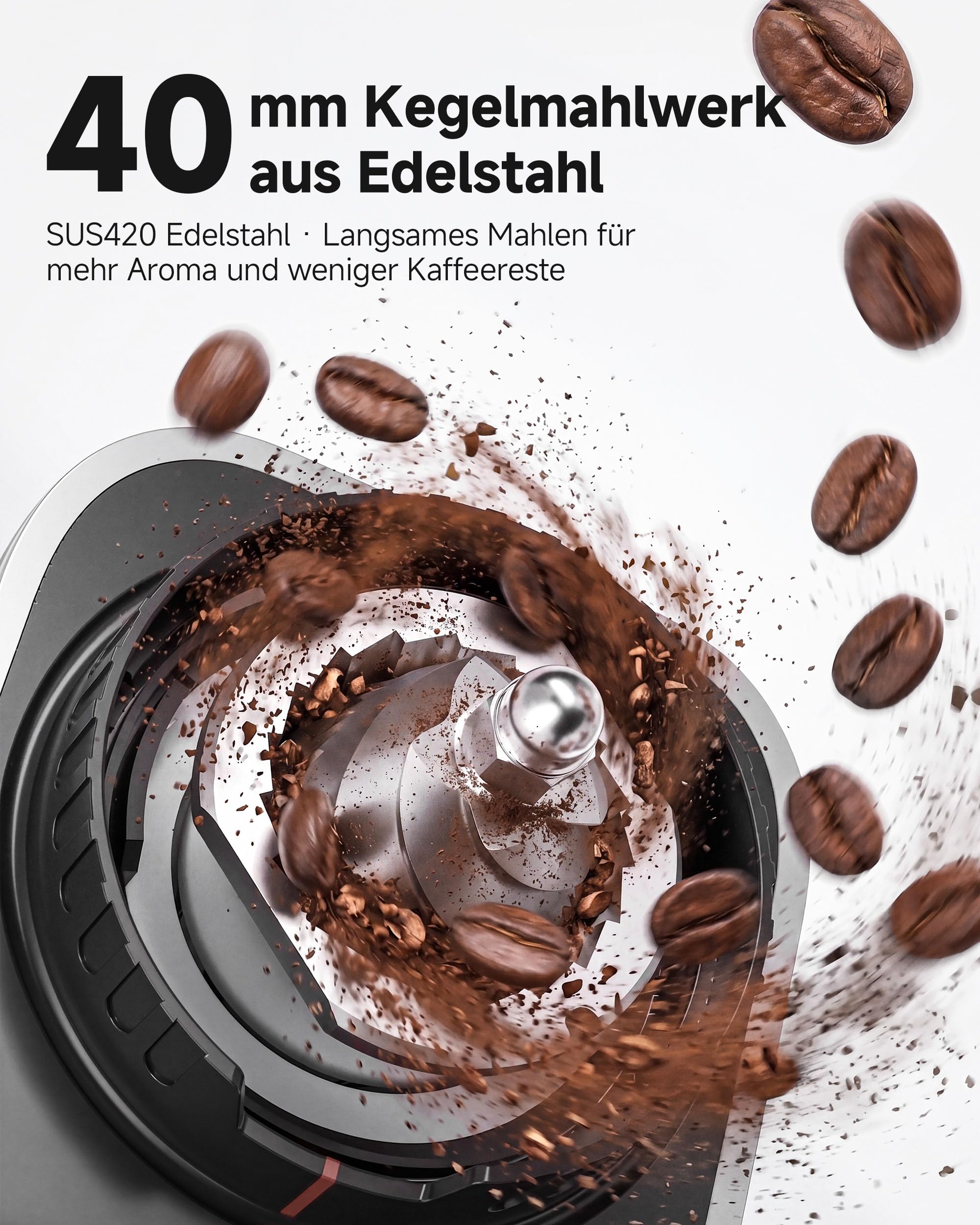 AAOBOSI Kaffeemühle Elektrisch, 45 Mahlgrade, 40 mm Edelstahl-Kegelmahlwerk | Plasma-Anti-Statik, Speicherfunktion, Zeit-/Tassenprogramm, 300-g-Bohnenbehälter, für Espresso & Filterkaffee