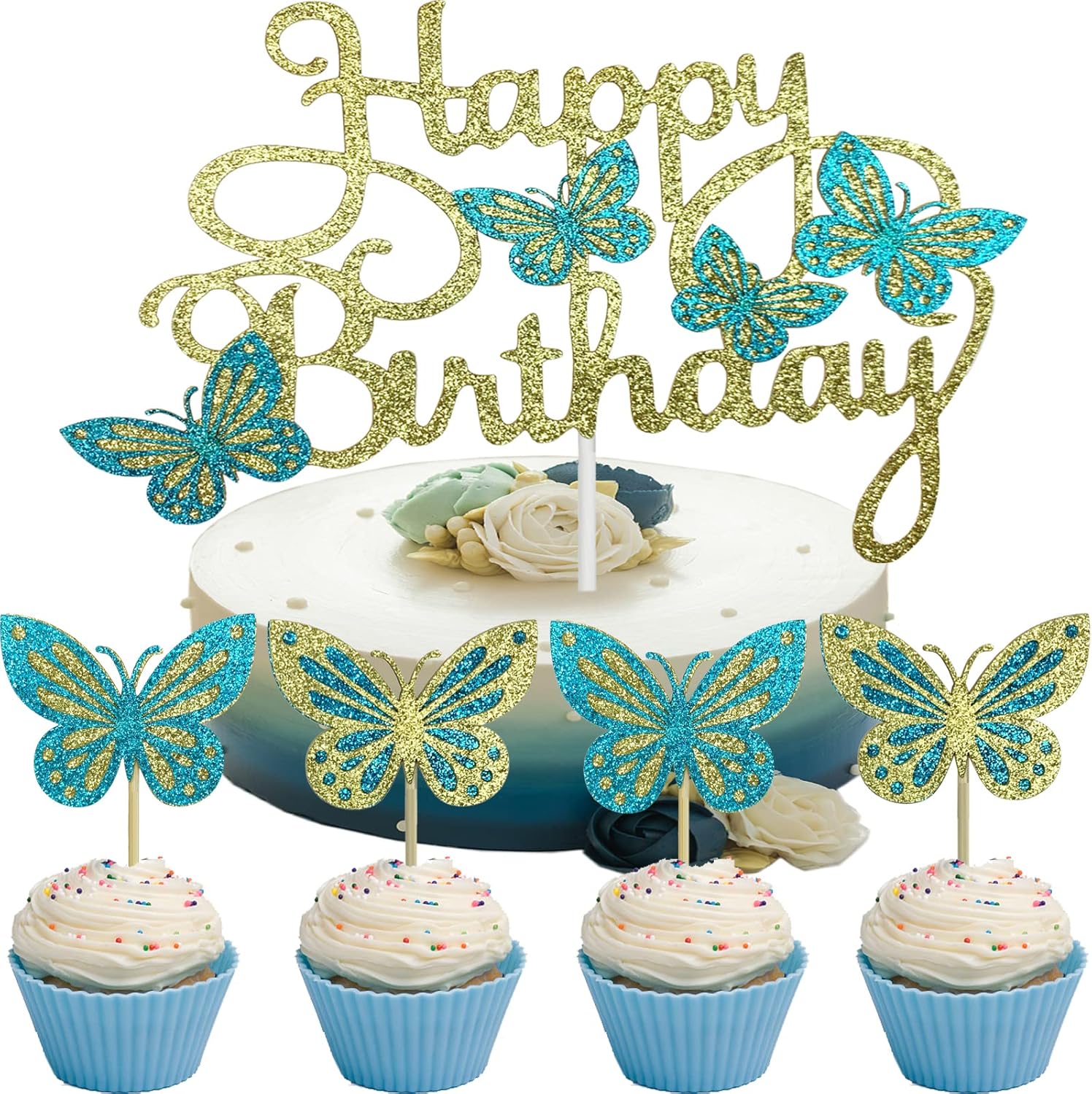 Butterfly Happy Birthday Cake Toppers, Glitter Gold Blue