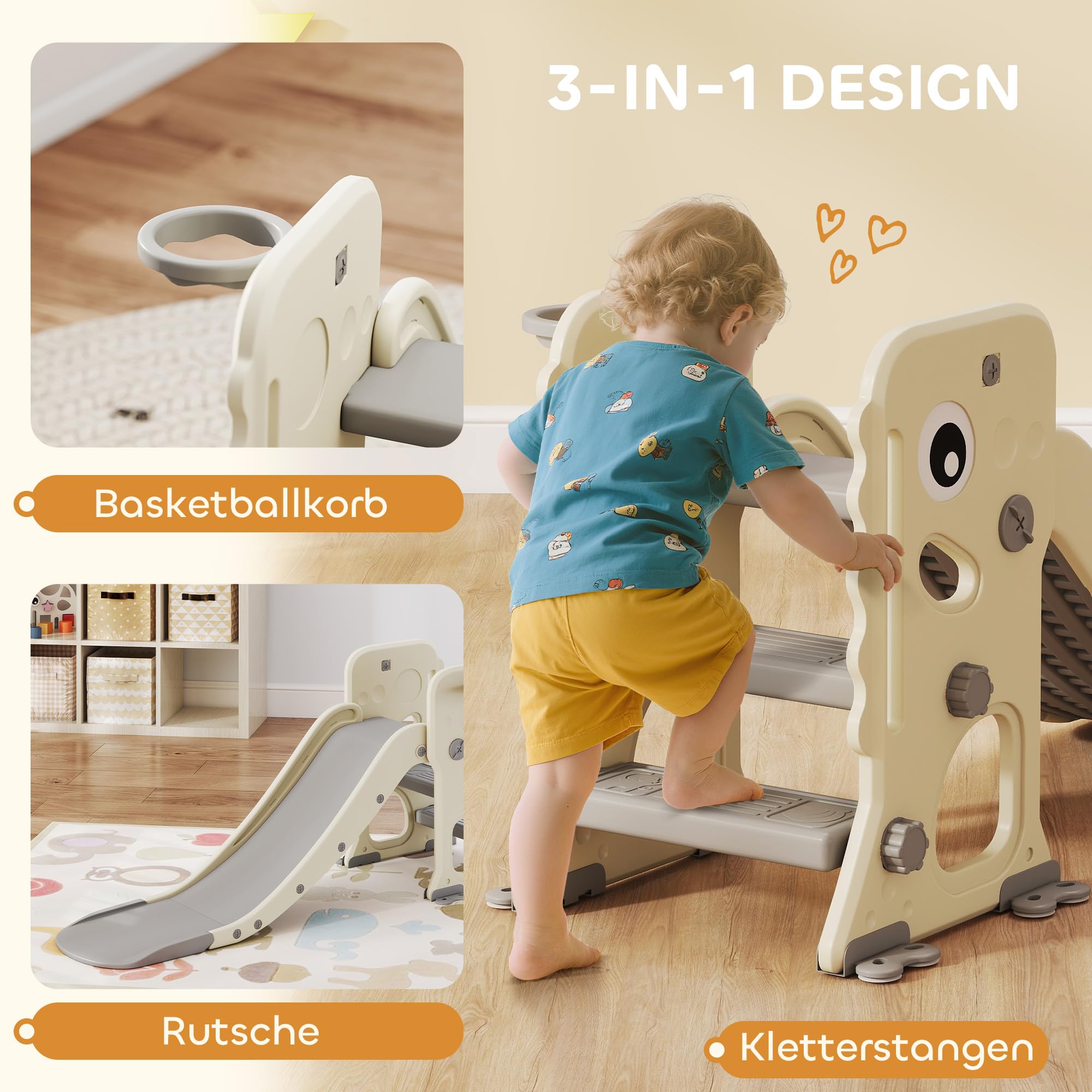 AIYAPLAY Kinderrutsche 3 in 1 klappbar für Kinder 2-5 Jahre Cremeweiß | Kleinkinderrutsche mit Basketballkorb, Rutsche, Klettergerüst, Basketball, Indoor & Outdoor