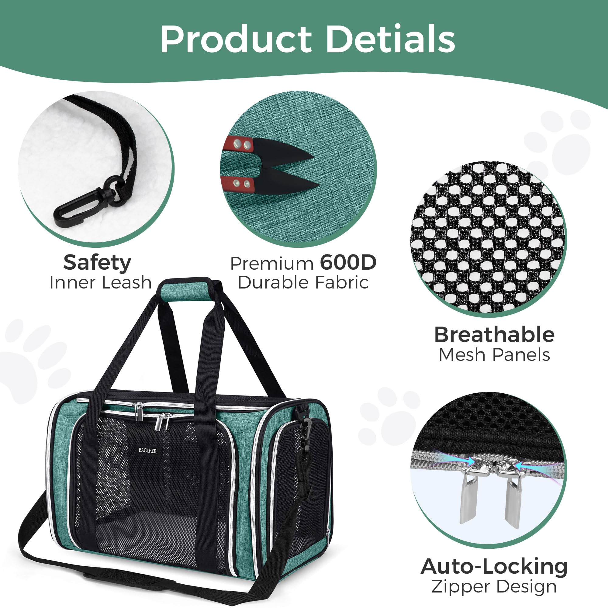 BAGLHER Pet Travel Carrier, Cat Carriers Dog Carrier for Small Medium Cats Dogs Puppies, Airline Approved Small Dog Carrier Soft Sided, Collapsible Puppy Carrier. Green - image 3