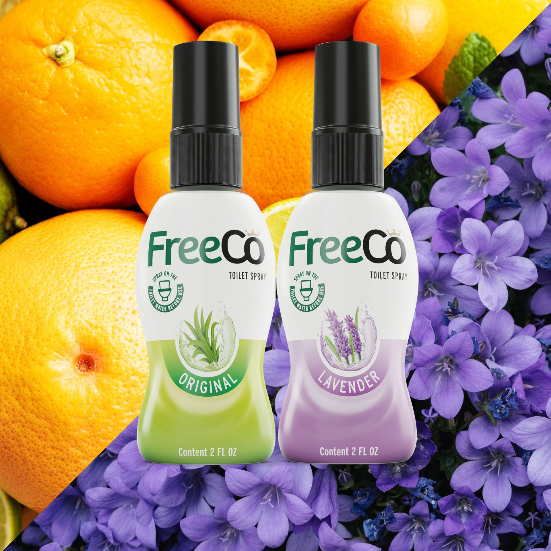 Freeco Bloqueador Anti-Olor WC (Before-you-go) | Pack Doble Surtido: Cítricos y Lavanda (2x60ml) | Toilet Spray de Aceites Esenciales Naturales | Ideal para Hogar, Oficina, Restaurante, Viaje.