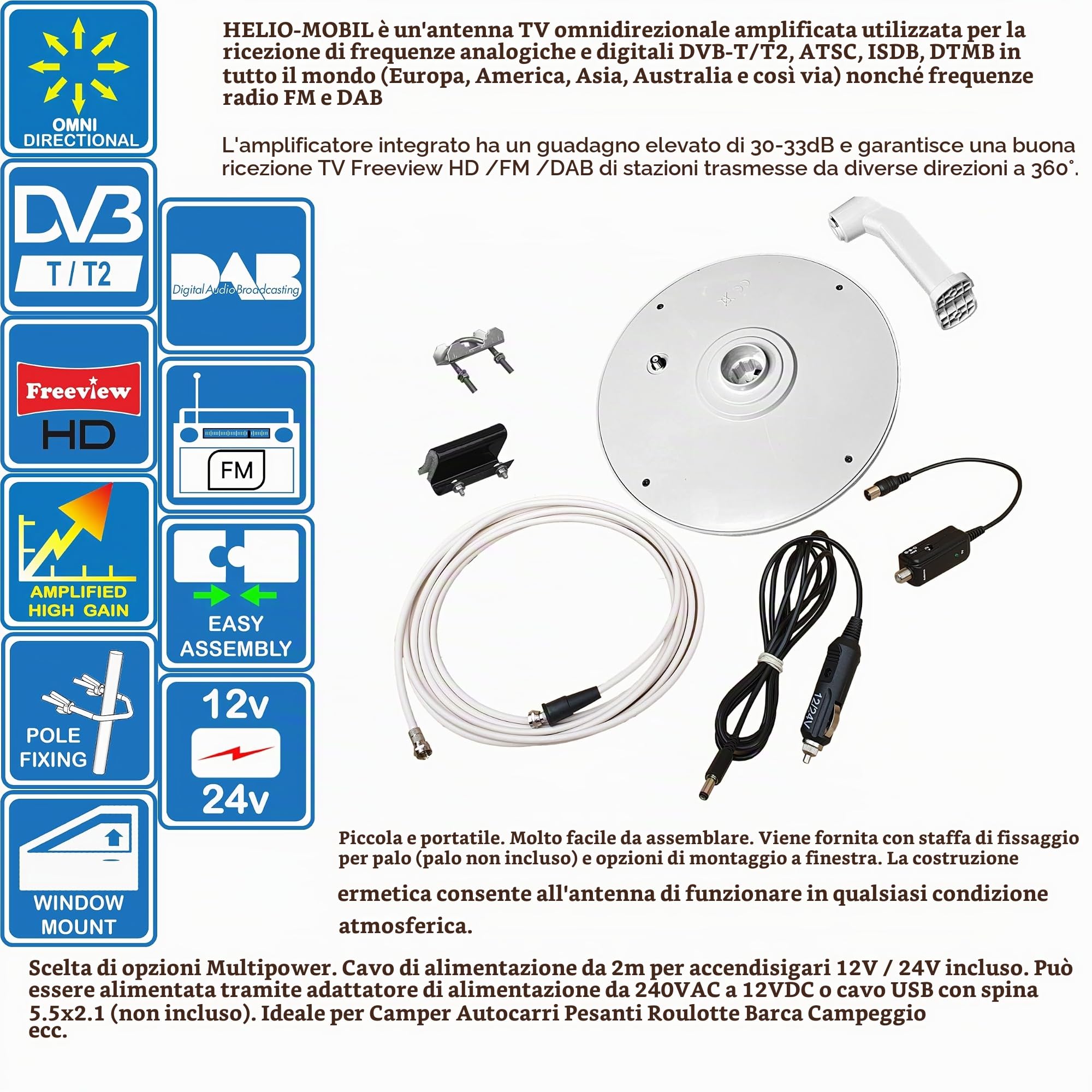 Unispectra® - Antenna TV HD digitale omnidirezionale ad alto guadagno con amplificatore incorporato da 33 dB per DVB-T UHF FM DAB. 12V / 24V. ideale per Camper, HGV, Caravan, Barca o Camping