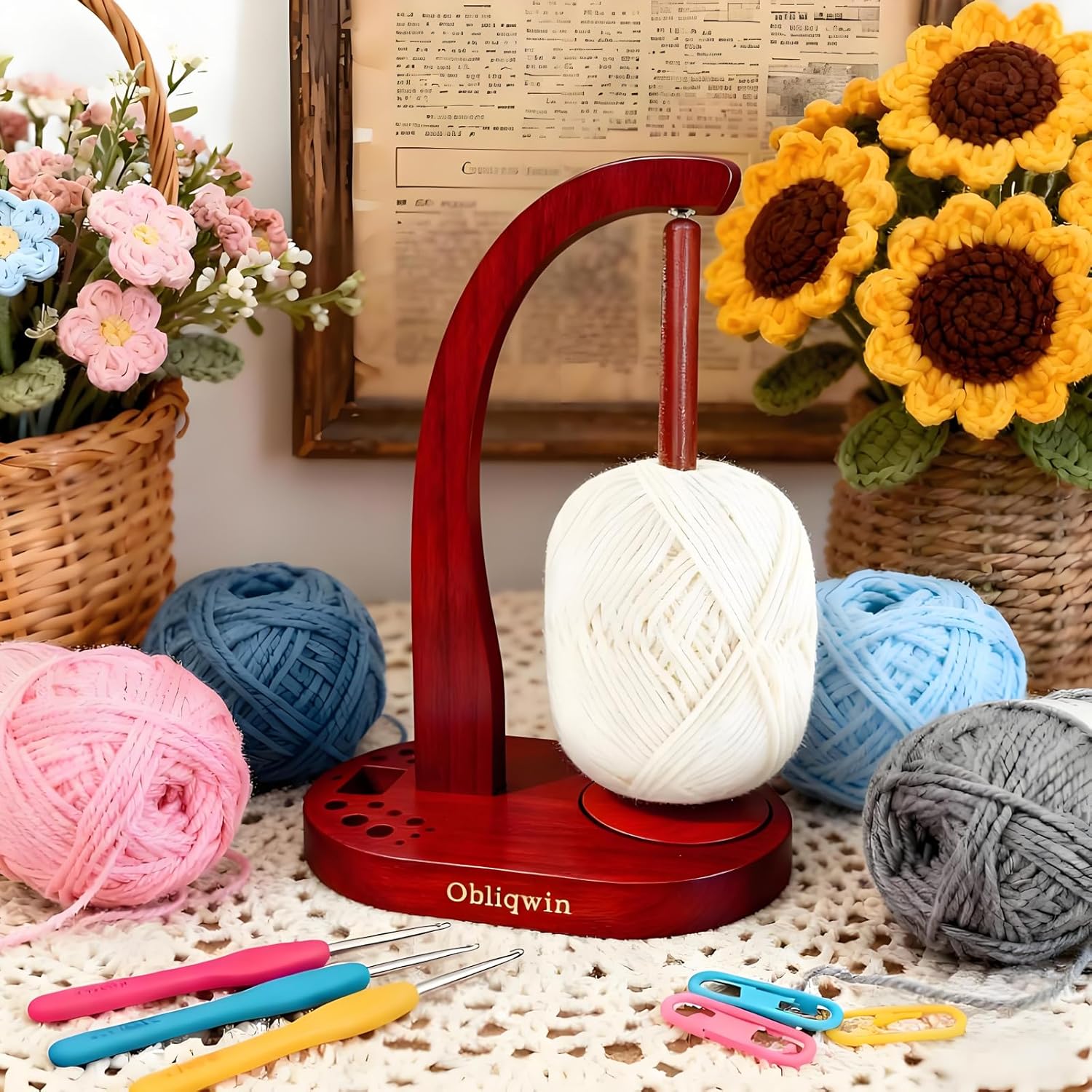 Yarn Holder for Crocheting - Original design Dual Magnetic Mechanism Wooden Yarn Spinner with Crochet Accessories Storage Attachment to Knitting Accessories for Women Mom Wife Grandma Mother, Mahogany