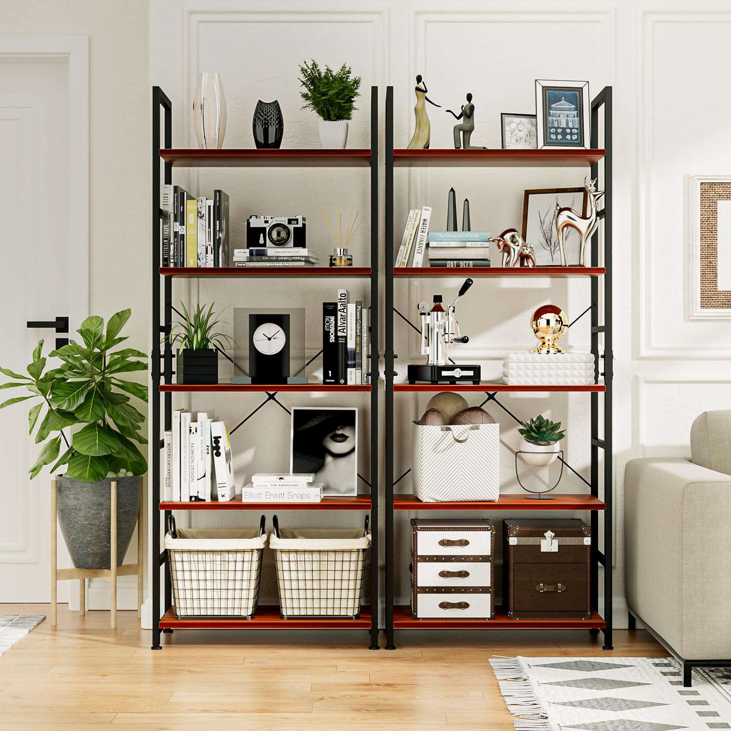 NUMENN - Libreria a 5 ripiani, alta libreria, scaffale moderno per camera da letto, soggiorno e ufficio, in teak