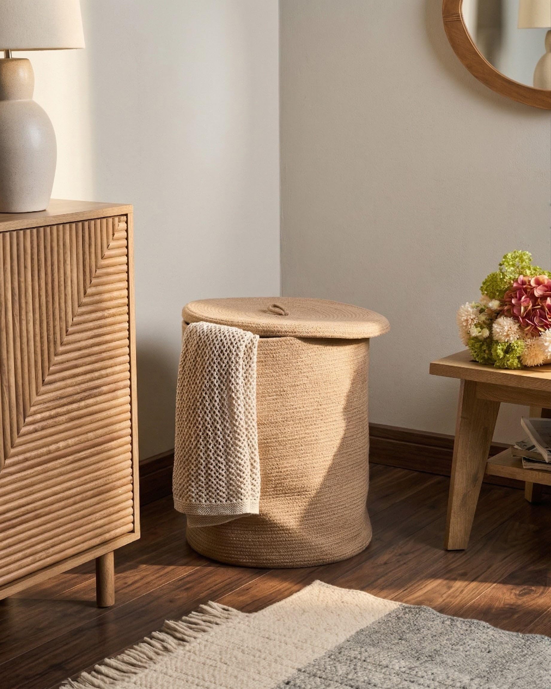 Korb Baumwolle beige geflochten mit Deckel Boho-Design Silopi