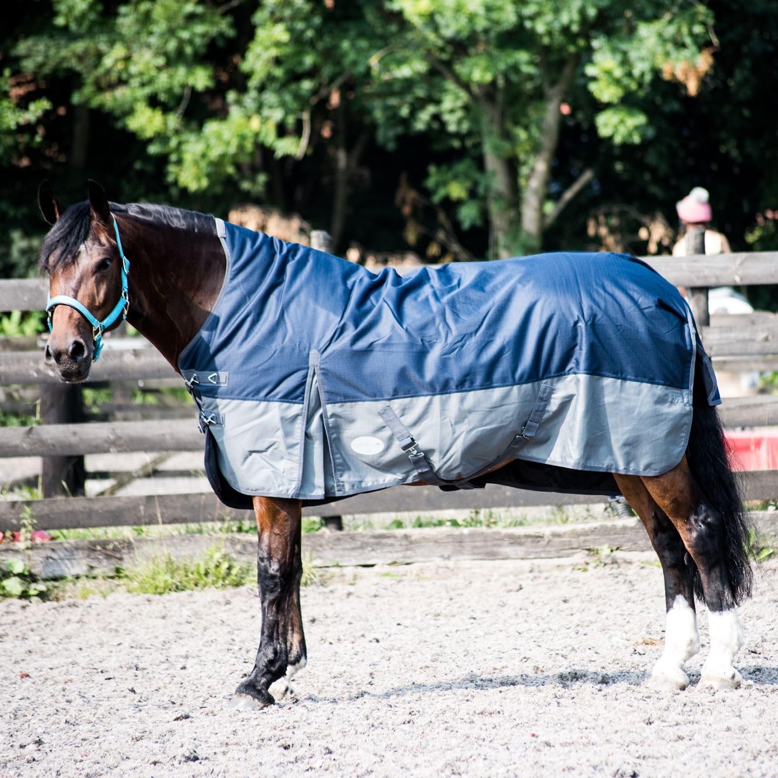 Equitack 600D Regendecke Pferd, 145cm | Highneck Pferdedecke mit Fleece Lining | wasserdichte Outdoordecke Pferd | Navy/Grau