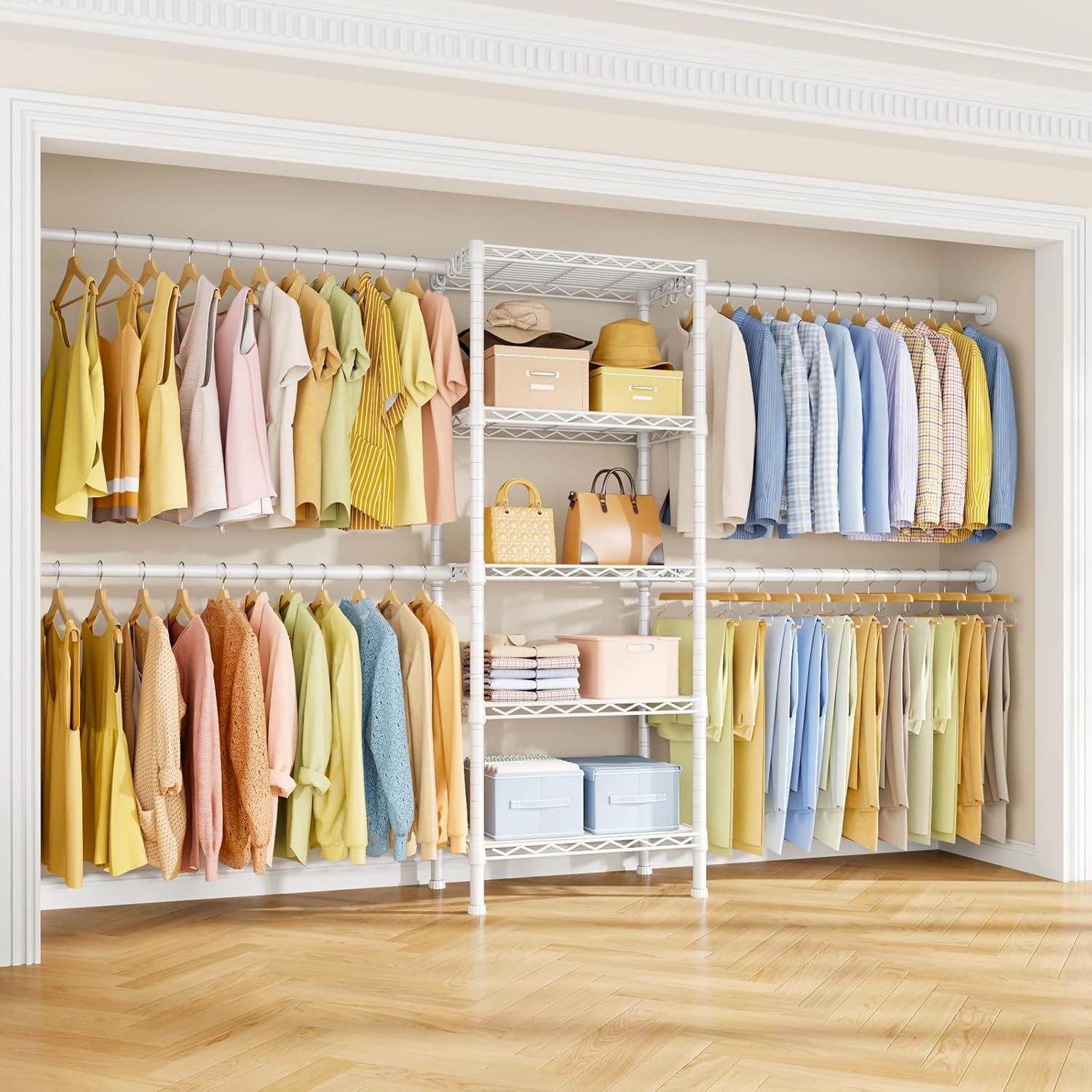 Ulif M2 Wall Mounted Closet System, Clothes Rack Mounted onto the Wall with 4 Expandable Hanger Rods and 5 Metal Shelves, Clothing Organizer Storage in (70.8-102.3)" L x 14.5" D x 71.2" H, White White M2