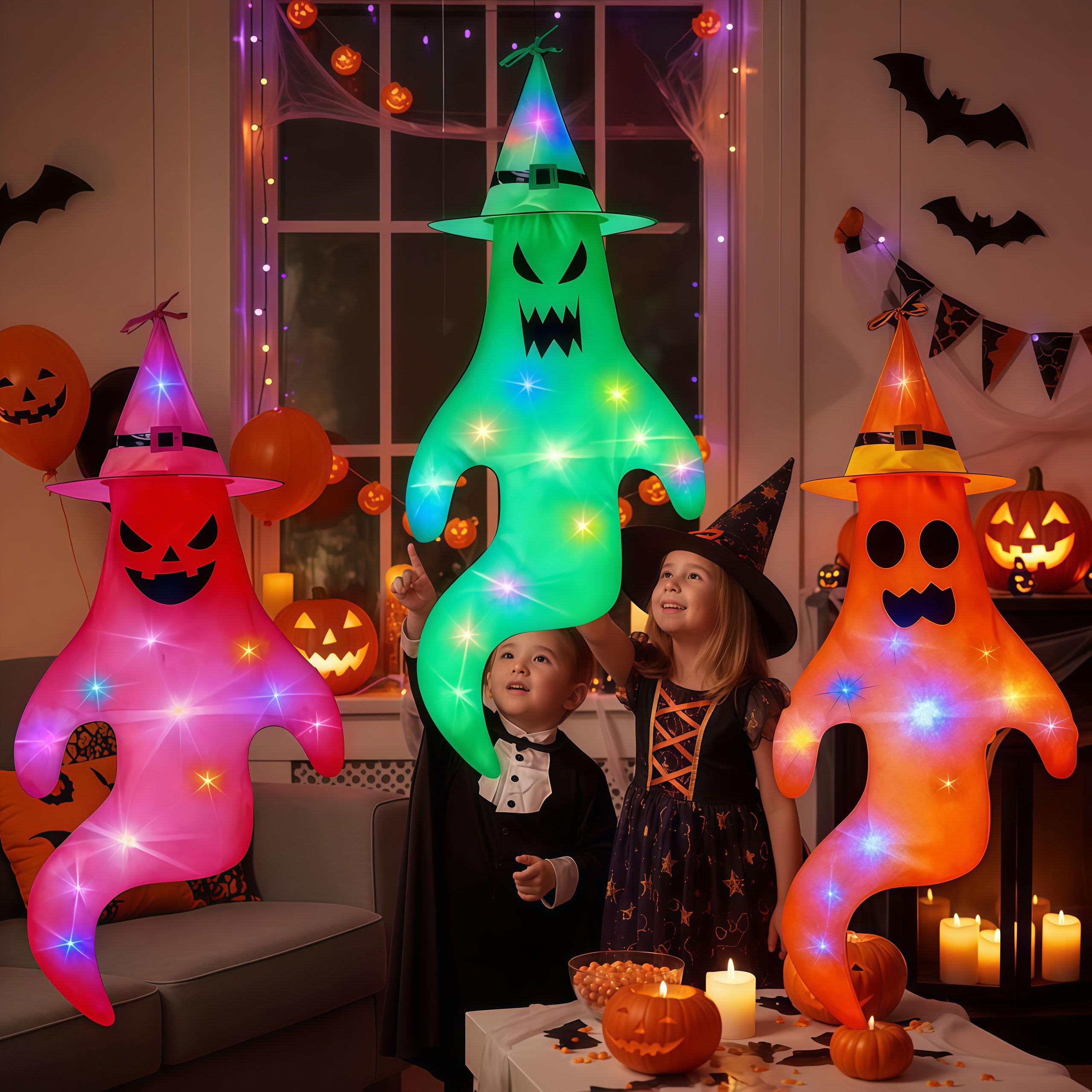 3 Stück Halloween Deko Geist mit Bunt LED Lichtern, 145x65cm Halloween Deko Outdoor Hängende Geister, Hängende Geisterflagge mit Hexenhut, für Garten Hof Terrasse Party Horror Hängen Dekoration