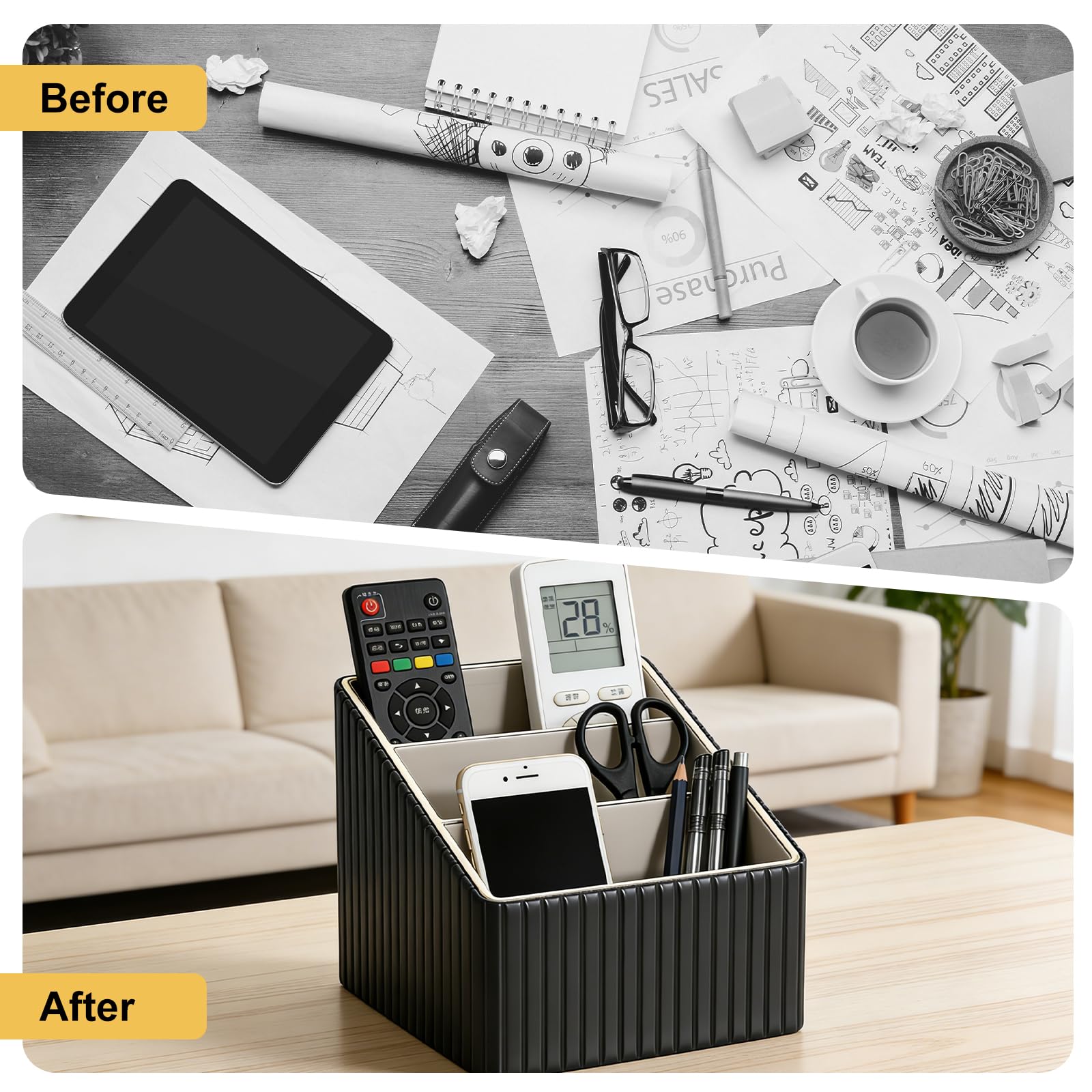 Fernbedienung Halterung mit 3 Taschen,PU Schreibtisch Organizer für Zuhause | Mehrere Fächer,Platzsparend,Schneller Zugriff,Fernbedienungshalter für Büro,Stifte Schreibtisch Aufbewahrung für TV 4K Stick
