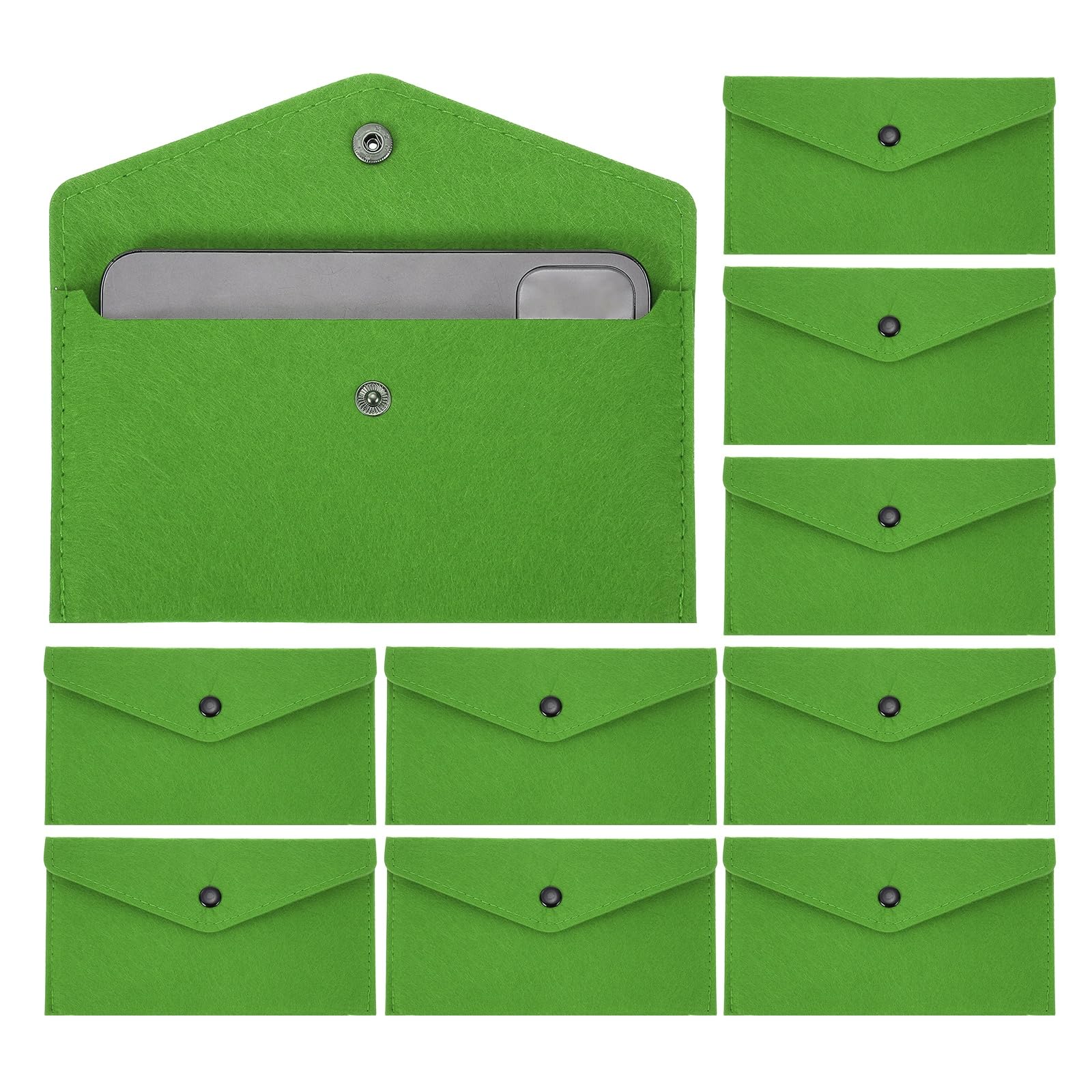 PATIKIL 10Pcs Felt Money Bag, Felt Cellphone Sleeve Case Pouch Cash Bag Button Closure Cash Envelope Wallet Storage Pouch for Card Pen Sunglasses, Dark Green