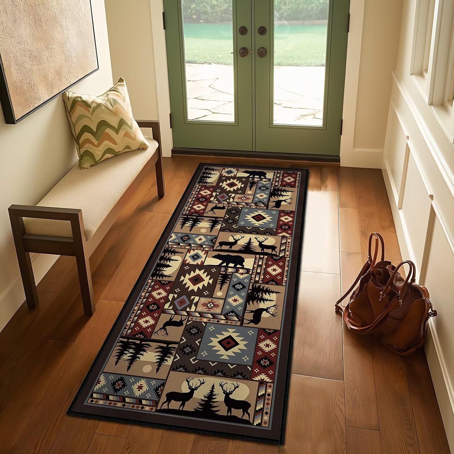 Rustic Cabin Wildlife Runner Rug 2x5,Buffalo Plaid Bear Moose Deer Country,Vintage Throw Carpet Washable Kitchen Rugs Farmhouse Hallway Runners Non Slip Floor Accent Carpet for Entryway Bedroom