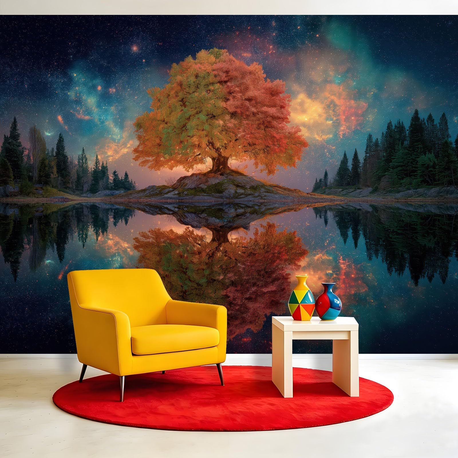 Fantazyjna panoramiczna tapeta z włókniny gwiaździste niebo, do sypialni i salonu, gobelin ścienny tapeta malarstwo drzewo życie jezioro mgławica sosna tapeta ścienna 350 x 256 cm