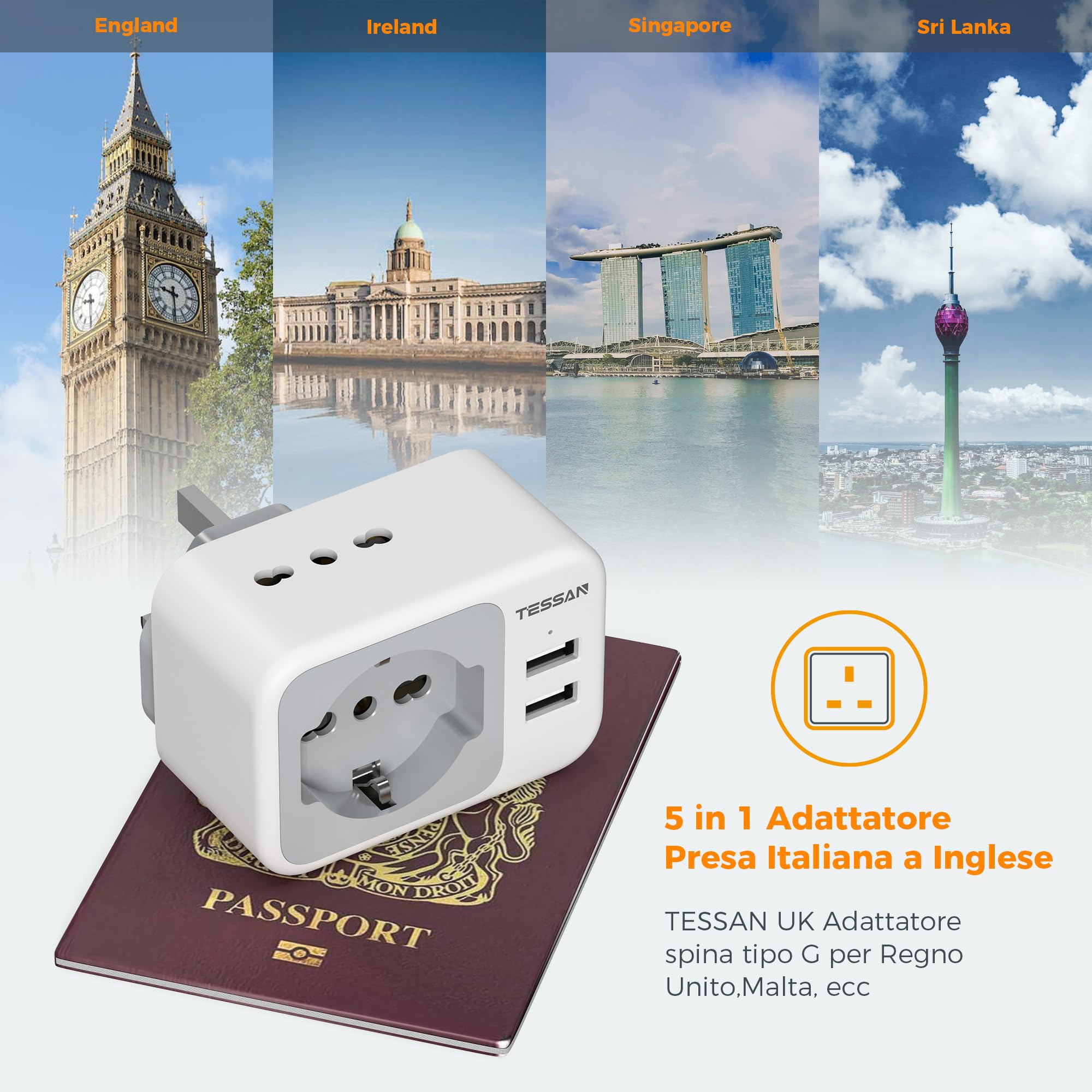 TESSAN Adattatore Presa Inglese con 2 USB, Adattatore Spina Inglese Italiana con 2 Prese IT e 1 Presa Schuko per Gran Bretagna, Irlanda, Gambia, 3250W Italiana, Spina Tipo G