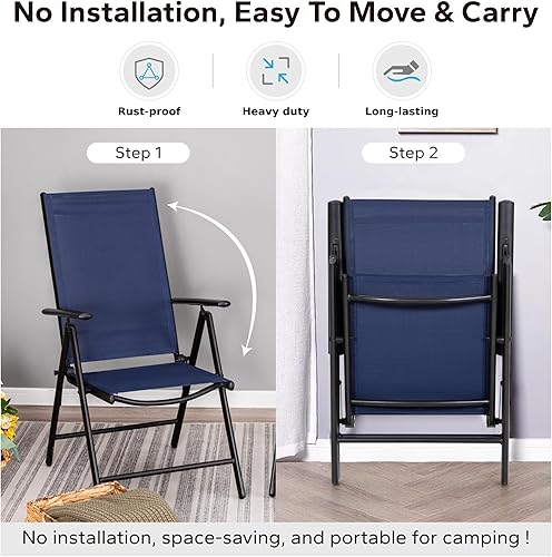 Miniatura 7 de MFSTUDIO Juego de 2 sillas plegables para patio, sillas de comedor para patio al aire libre, sillas de patio portátiles con honda azul, 7 niveles