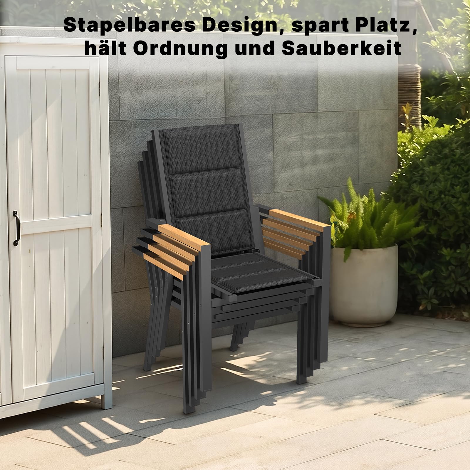 TRIUMPHKEY Gartenstuhl aus wetterfestem mit Holzkorn Handlauf, Aluminium Outdoor Garten Stapelstühle mit Baumwollsitz für Balkon, Terrasse, Garten - Set aus 2 Stück, DunkelGrau