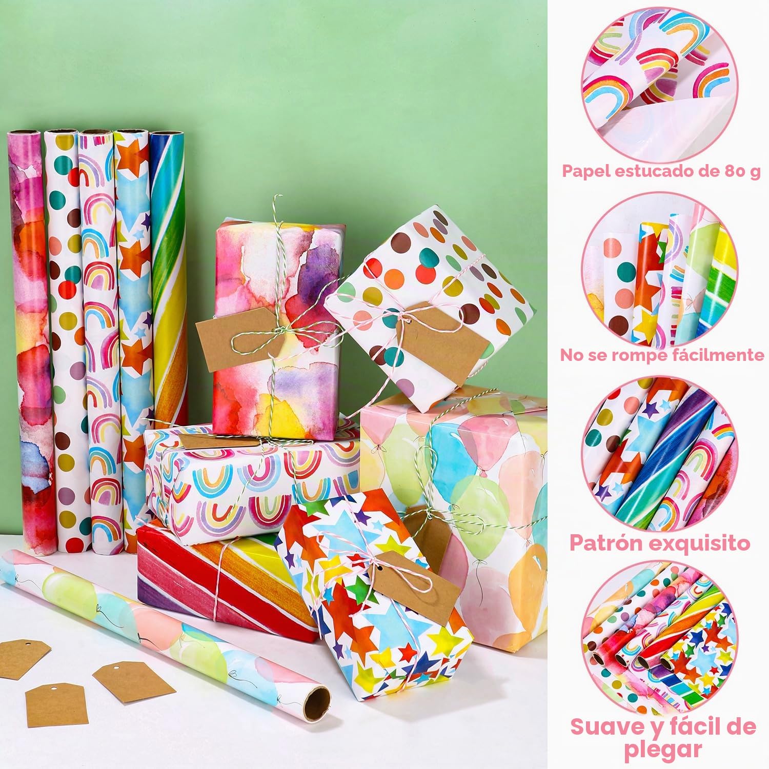6 Rollos de Papel de Regalo 43x300cm para Navidad, Cumpleaños y Fiestas - Juego para Envolver Regalos