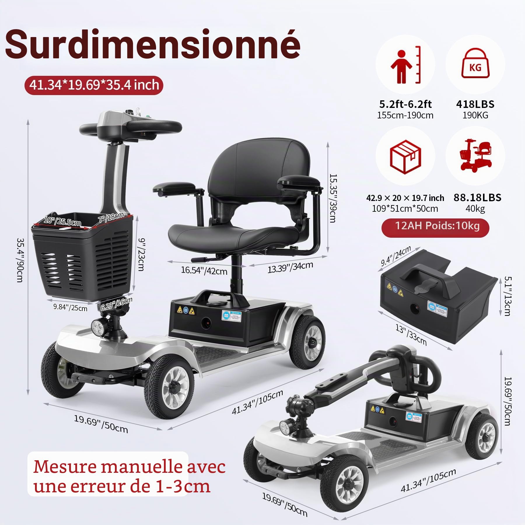 Scooter électrique pour seniors 22 km Scooter pliable à 4 roues avec panier Batterie légère Capacité de charge jusqu'à 190 kg Scooter électrique