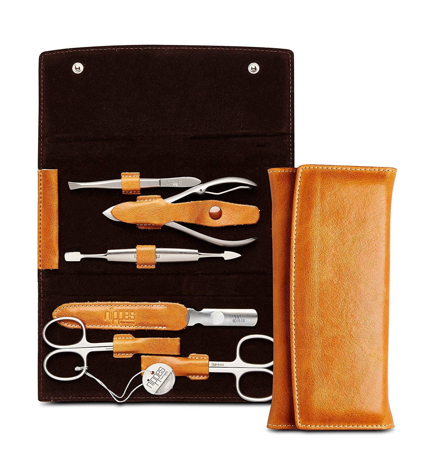 nippes Solingen, Premium Line - Juego de manicura (6 piezas, acero inoxidable y sin níquel, piel de vacuno, con broche, tijeras de uñas, cuidado de uñas
