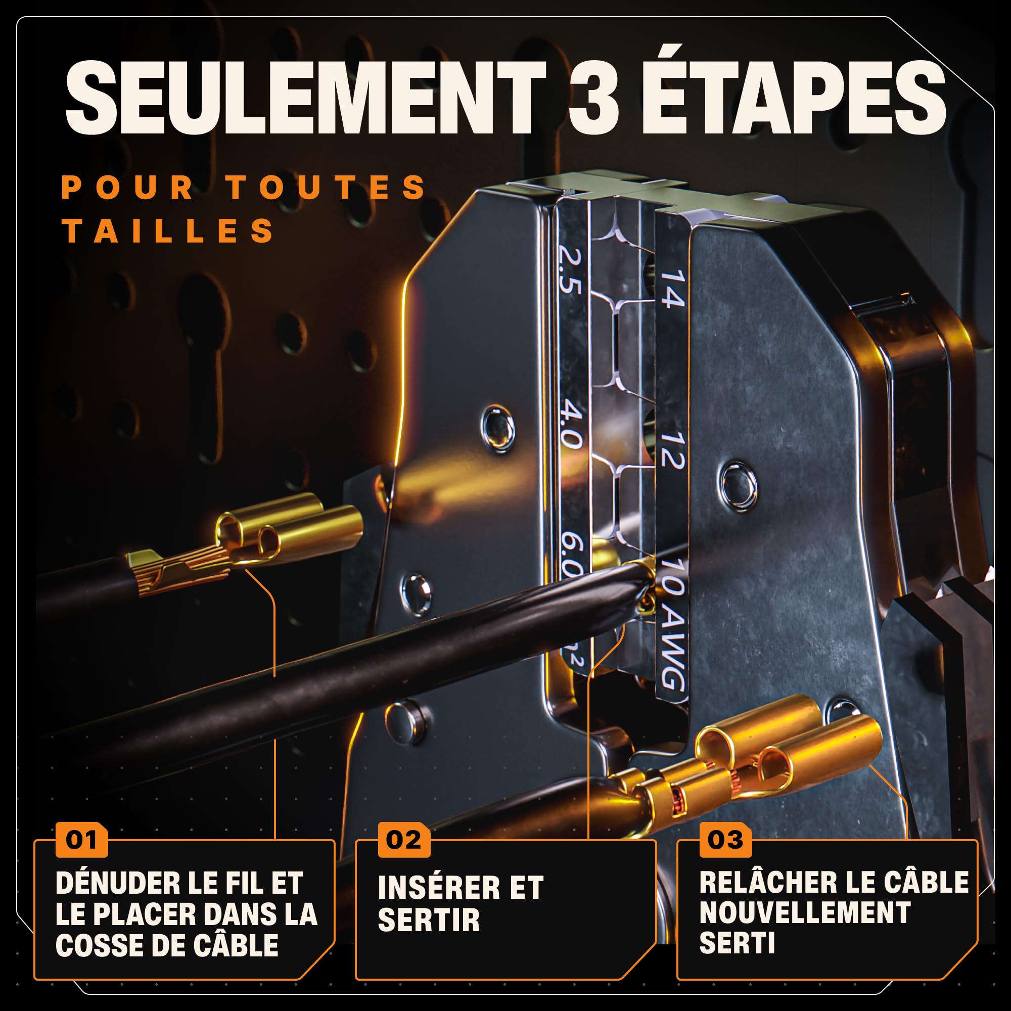 BAURIX® Pince à Sertir Mâchoires Interchangeables – + Pince à Dénuder | Modèle HEKTOR PRO & AKURA. 6 jeux de mors + pince à dénuder. Cosses, fastons, embouts et connecteurs isolés.