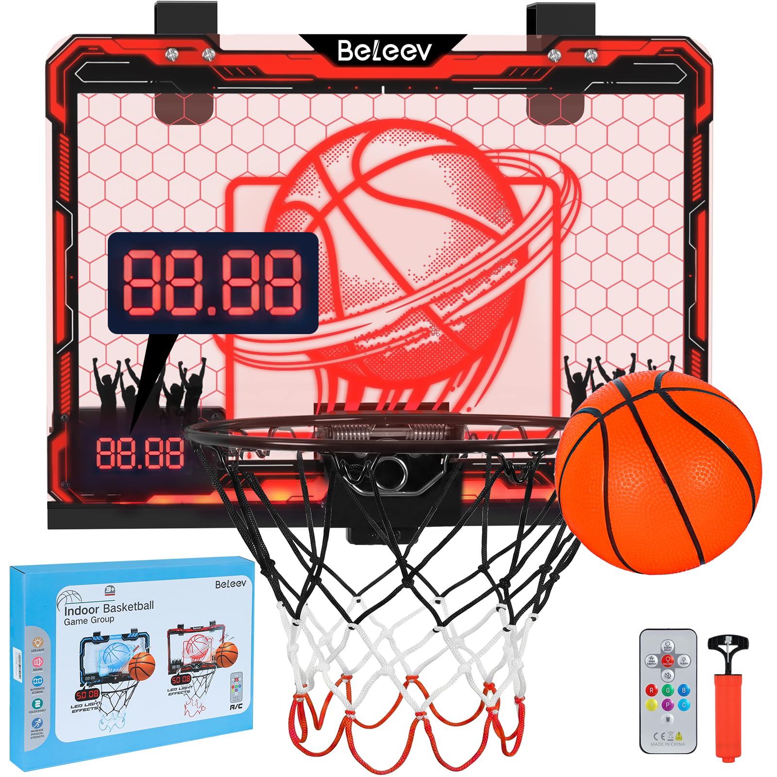 BELEEV Mini Indoor Basketball Hoop for Kids with 7 Colour LED Lights, Remote Control, Electronic Scoreboard, Foldable Rim, Ball & Pump, Over Door Basketball Hoop Gift for Boys & Girls Ages 4-12 (Red)