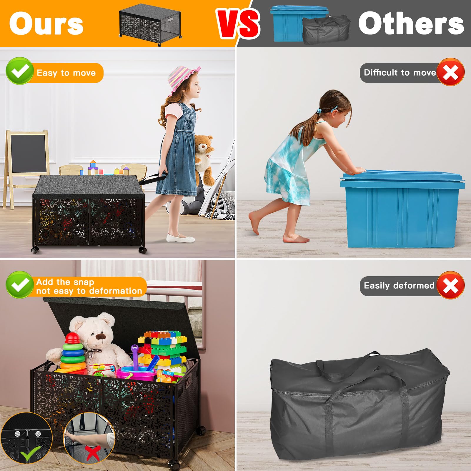 �2023 Upgraded】Toy Box Storage with Wheels,70L Large Capacity Toy Storage Organizer,Multi-Function Storage Bins with Lids Made of Durable Metal,Foldable and Easy to Assemble,Toy Box for Girls Boys