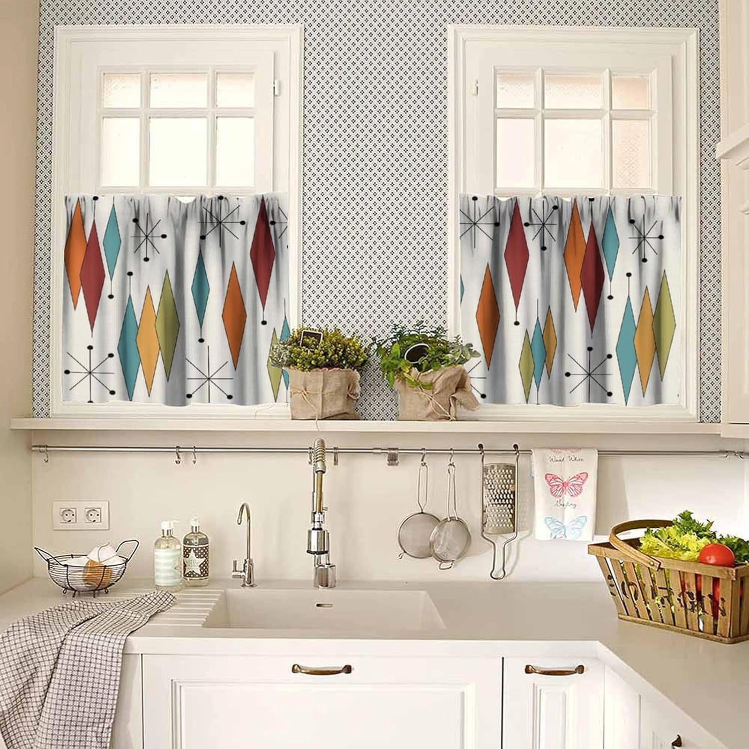 Abstract Geometric Modern Valance Curtains Mid Century Art Colorful Orange Blue Green Window Valance for Kitchen Bedroom Living Room, 54x24 Inch, 3 Piece
