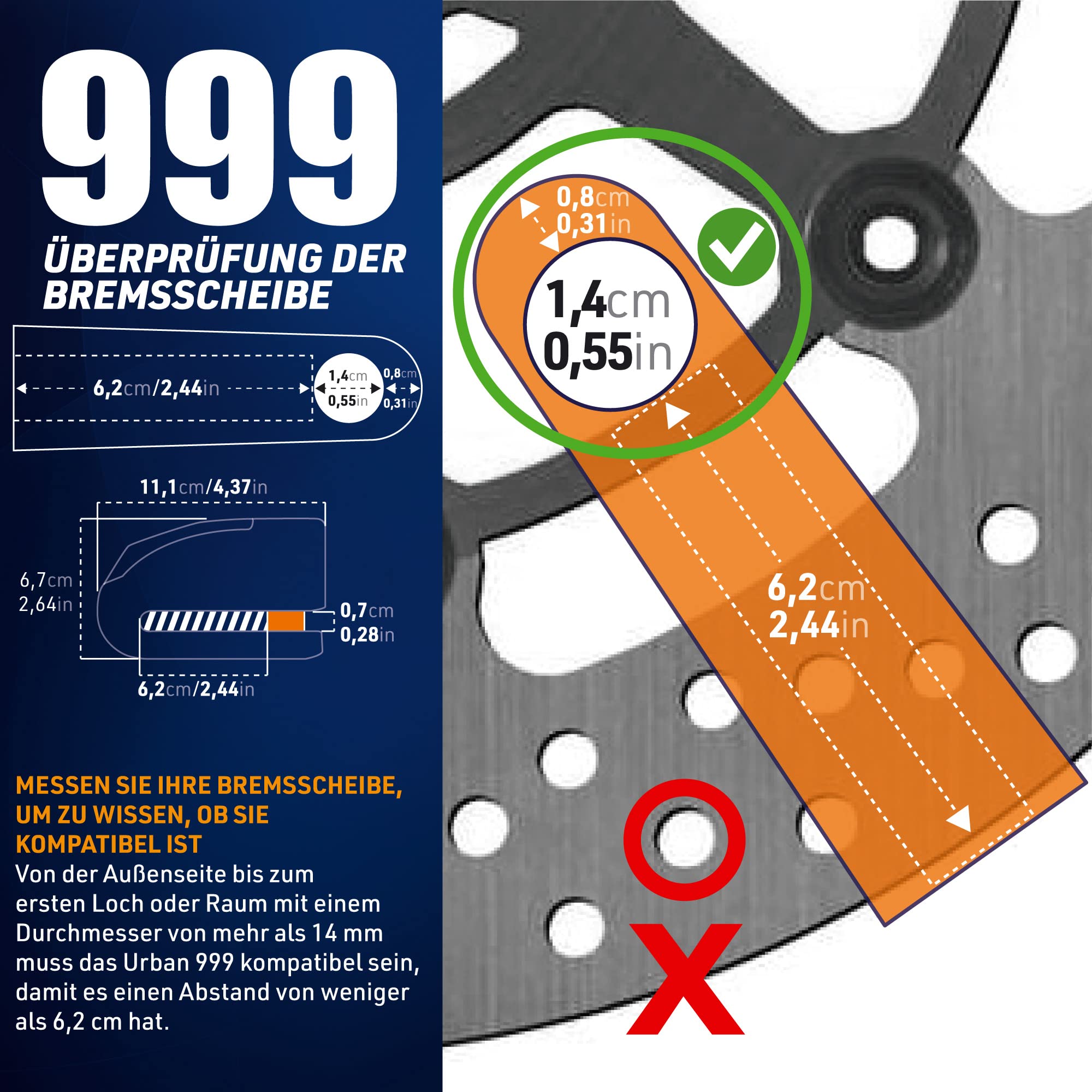 URBAN 999 Hi-Tech Bremsscheibenschloss mit Alarm 120dB ON/OFF Empfindlichkeit A+, Maximale Sicherheit mit SRA Zulassung, Doppelverriegelung ø14mm, Optionale Halterung, Motorradschloss mit Alarm