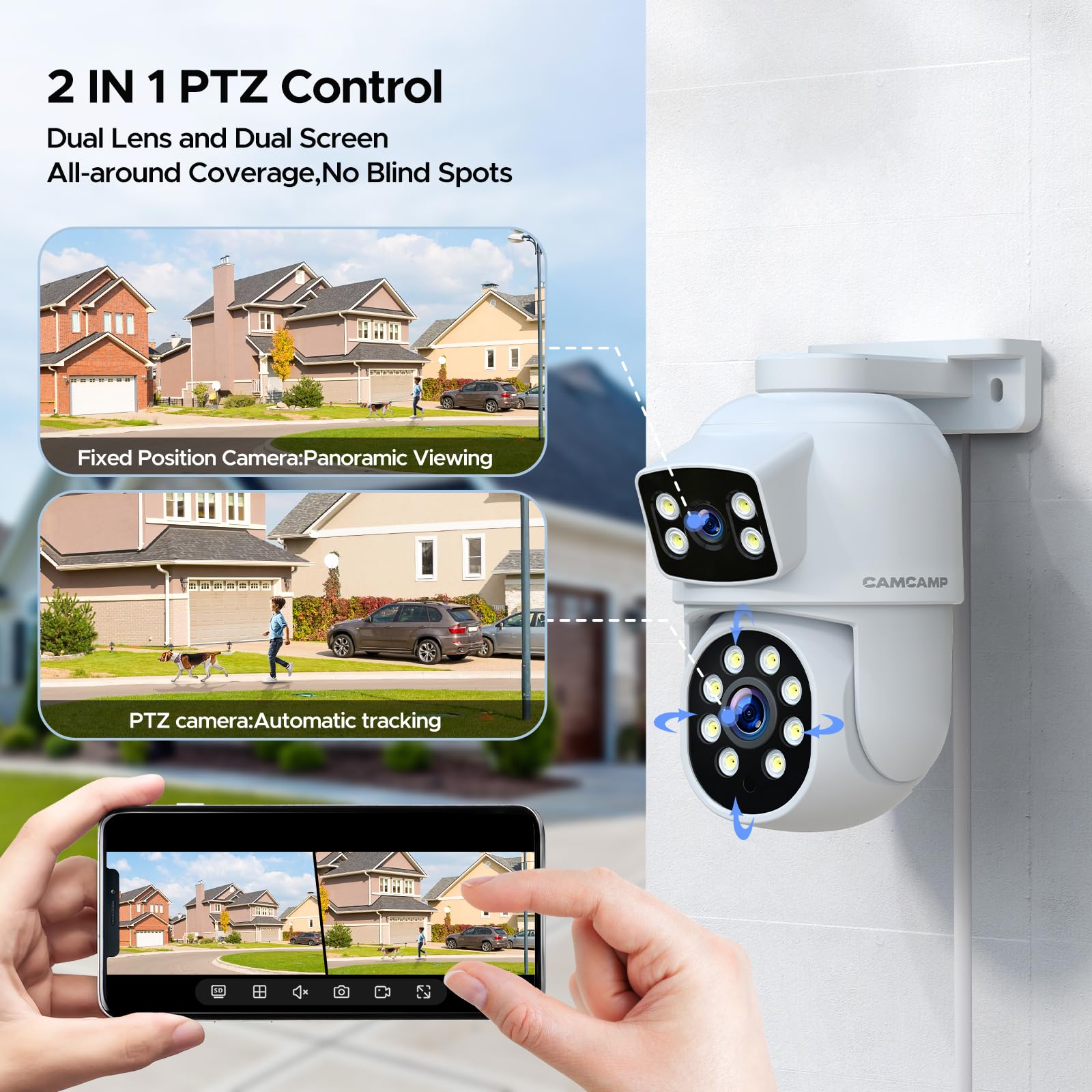 CAMCAMP 4MP Kit Videosorveglianza POE Doppia Lente, 8CH NVR Kit Telecamere Videosorveglianza POE con 500GB HDD,4X2K PTZ Telecamera IP,Visione Notturna a Colori,Rilevamento Movimento,Auto Tracciamento