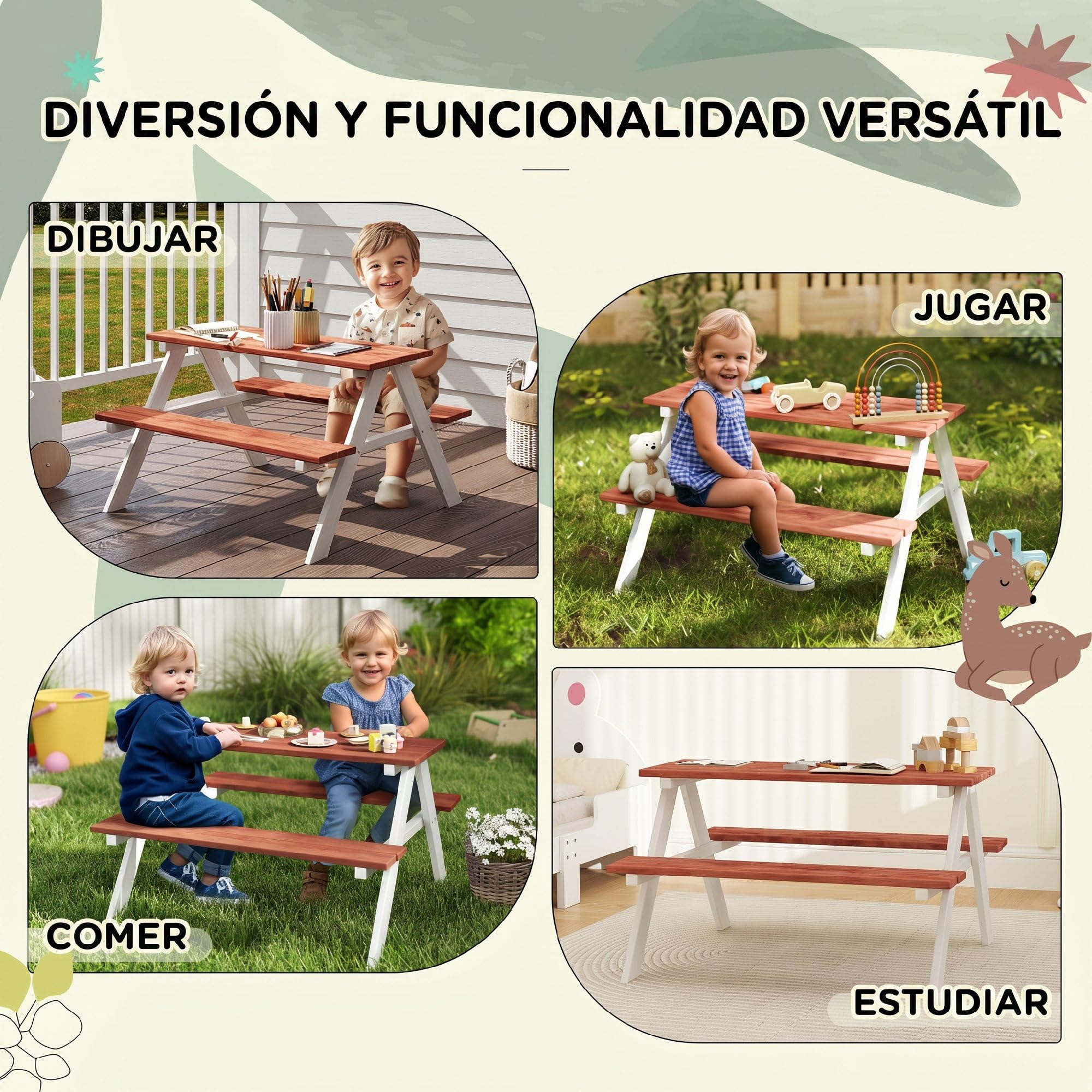 Outsunny Juego de Mesa y 2 Bancos Infantiles de Madera Mesa de Picnic para Niños de 3-8 Años para Jardín Patio Terraza 89x79x50 cm Marrón