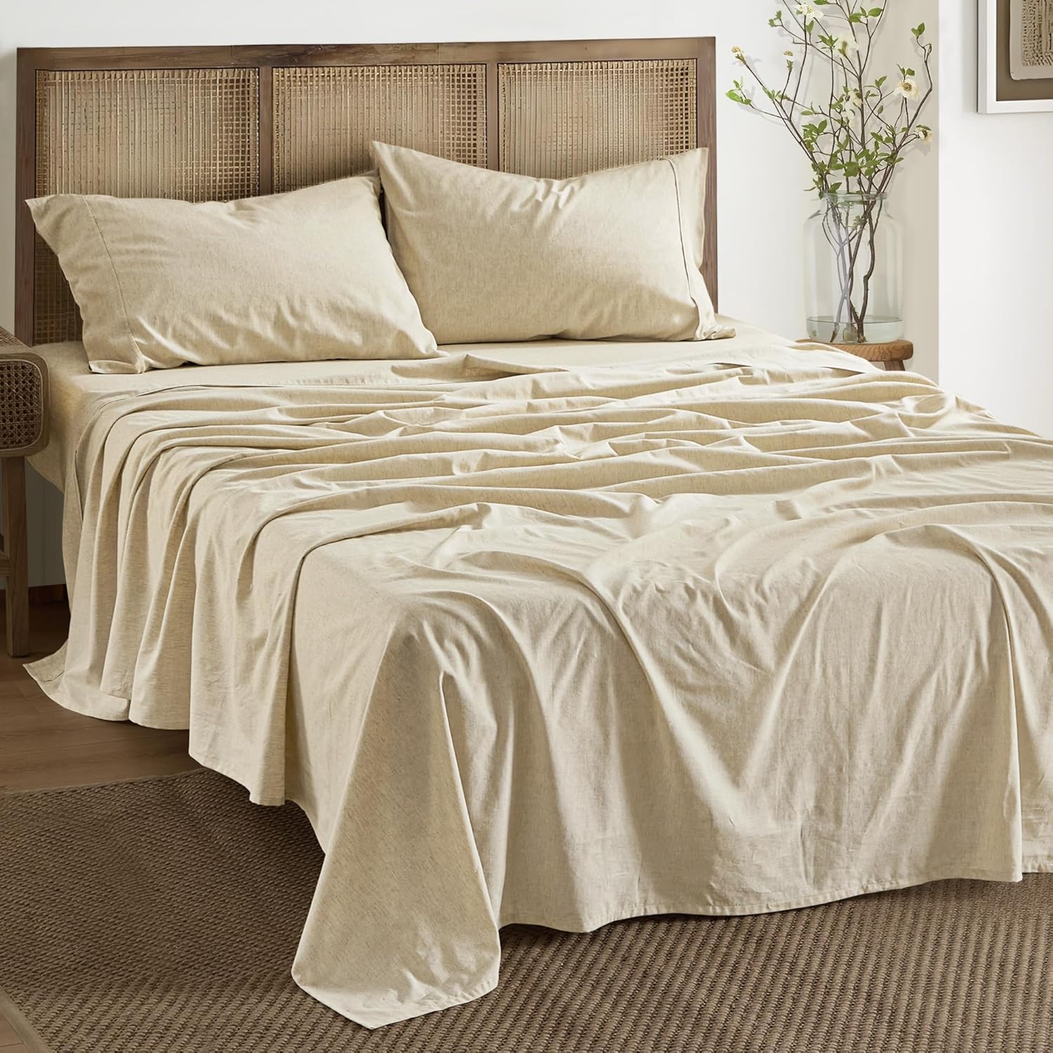 Wonderful Linen Sheets Set Queen Size - Natural Linen Blend Cotton Bedsheets 4 Pieces, Natural Flax, Breathable Durable Anti-Tear Bed Sheet 14" Deep Pocket Fitted Sheet&Pillowcase for All Season - Image 3