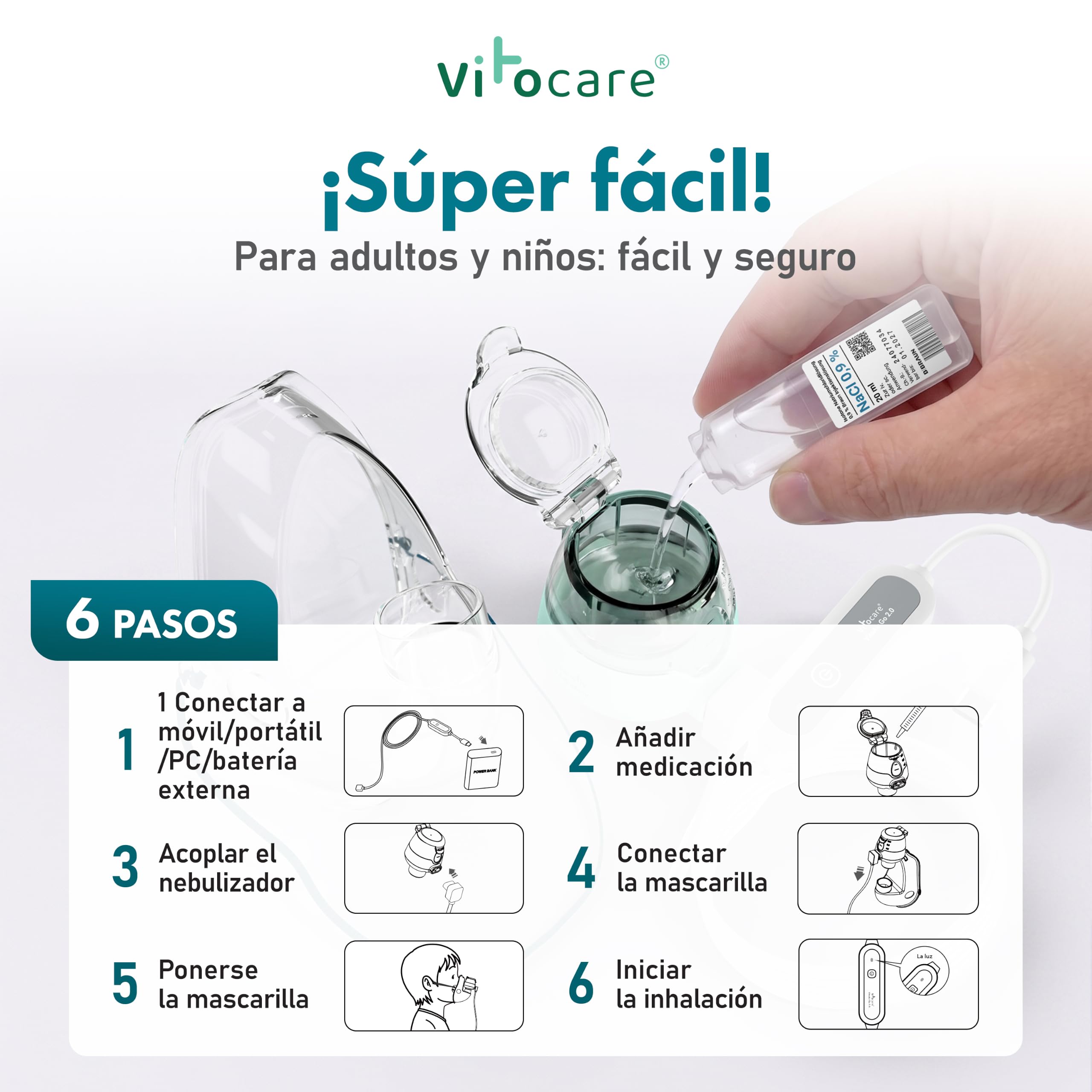 Nebulizador para adultos y niños – vitocare VITOAIR Go 2.0, inhalador ultraligero con 2 tamaños de mascarilla, USB-C y USB, portátil