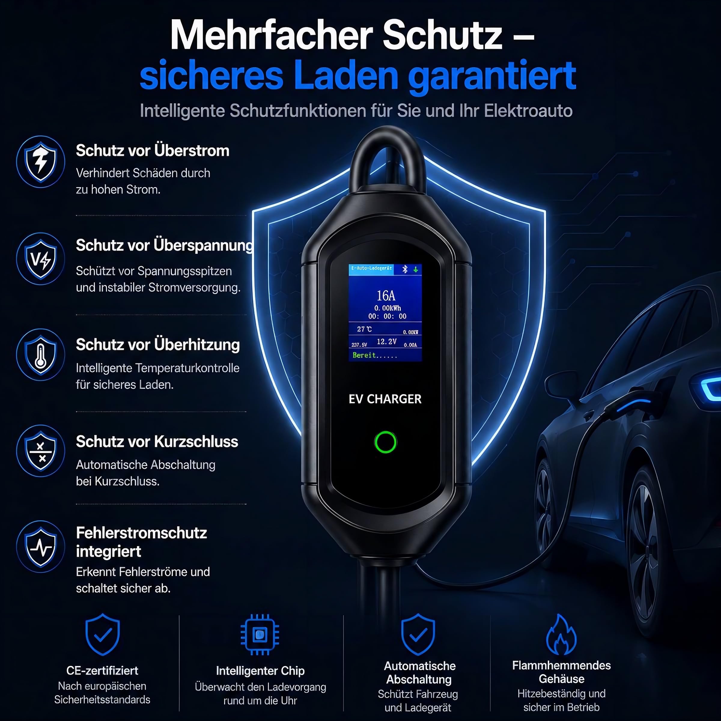 Mobile Wallbox 11kW mit App-Steuerung, Mobile Ladestation [7m | 3-phasig | 6–16A] mit Einstellbarer Ladeleistung, IP65 Wasserdicht, Ladekabel CEE 16A auf Typ 2 für BEV & PHEV