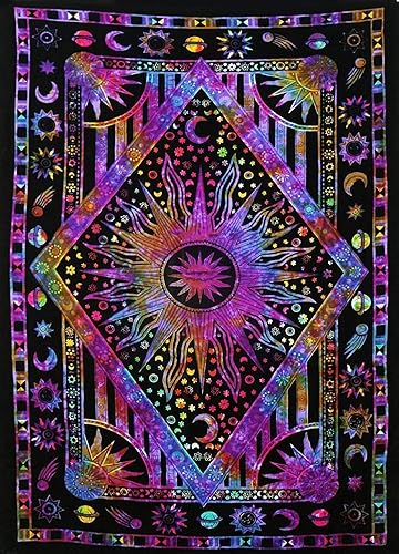 ANJANIYA Burning Sun Tie Dye Tapestry, Celestial Sun Moon Star Planet Bohemian Medium Tapestry Tarot Card Wall Hanging Boho Hippie Hippy Beach Coverlet Curtain (Purple Multi, 54"X60") - Purple Multi - 60"L x 54"W